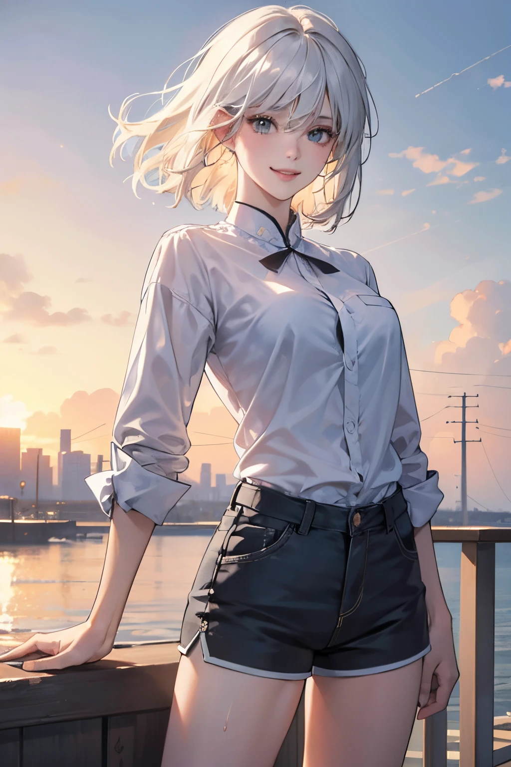 (Best quality at best:1.2, A high resolution, ultra - detailed, actual:1.37), White hair, messy  hair, Wet hair, short detailed hair, 美丽细致的眼睛, beautiful detailed lips, grinning smile, Tomboyish, Bad breasts, sweat shorts, style of anime, first person perspective, vivd colour, gentlesoftlighting, dynamicposes, exterior, coloured background, Cheerful expression, nakeness