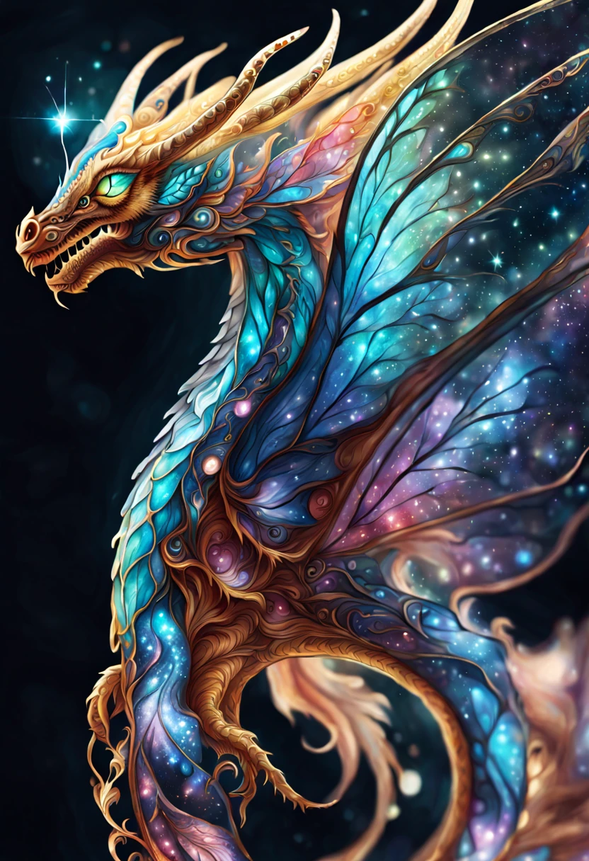 Hand drawn drawing of beautiful nebula butterfly dragon hybrid, sparkling lights, symmetrical wings, Fantasy, Symmetrical dragon horns, Digital Art, (Best Quality)), intricately-detailed, DTstyle,