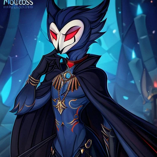 by vivziepop,((masterpiece)), ((8k quality)), (no watermark), ars goetia owl demon, ((Helluvaboss)), male, mouth closed, detailed hell background, standing, (solo:1.4), blue and black colour scheme, slim body, thick waist, handsome, feathered cape, Victorian era outfit, not creepy looking, regal look, elegant