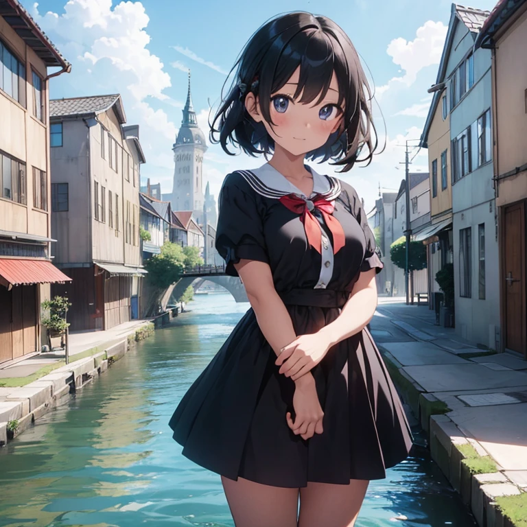 1girl in,Bangs,Black_hair,Blue_skyporn,Bridge,building,castle,city,Cityscape,cloud,day,Dress,up looking_で_viewer,Outdoors,Red_neckwear,Red_bow ribbon,bow ribbon,River,Short_hair,Short_sleeves,skyporn,Skyscraper,Solo,Standing,Town,Water,(masutepiece,Anime,newest,new,exceptional:1.2),
