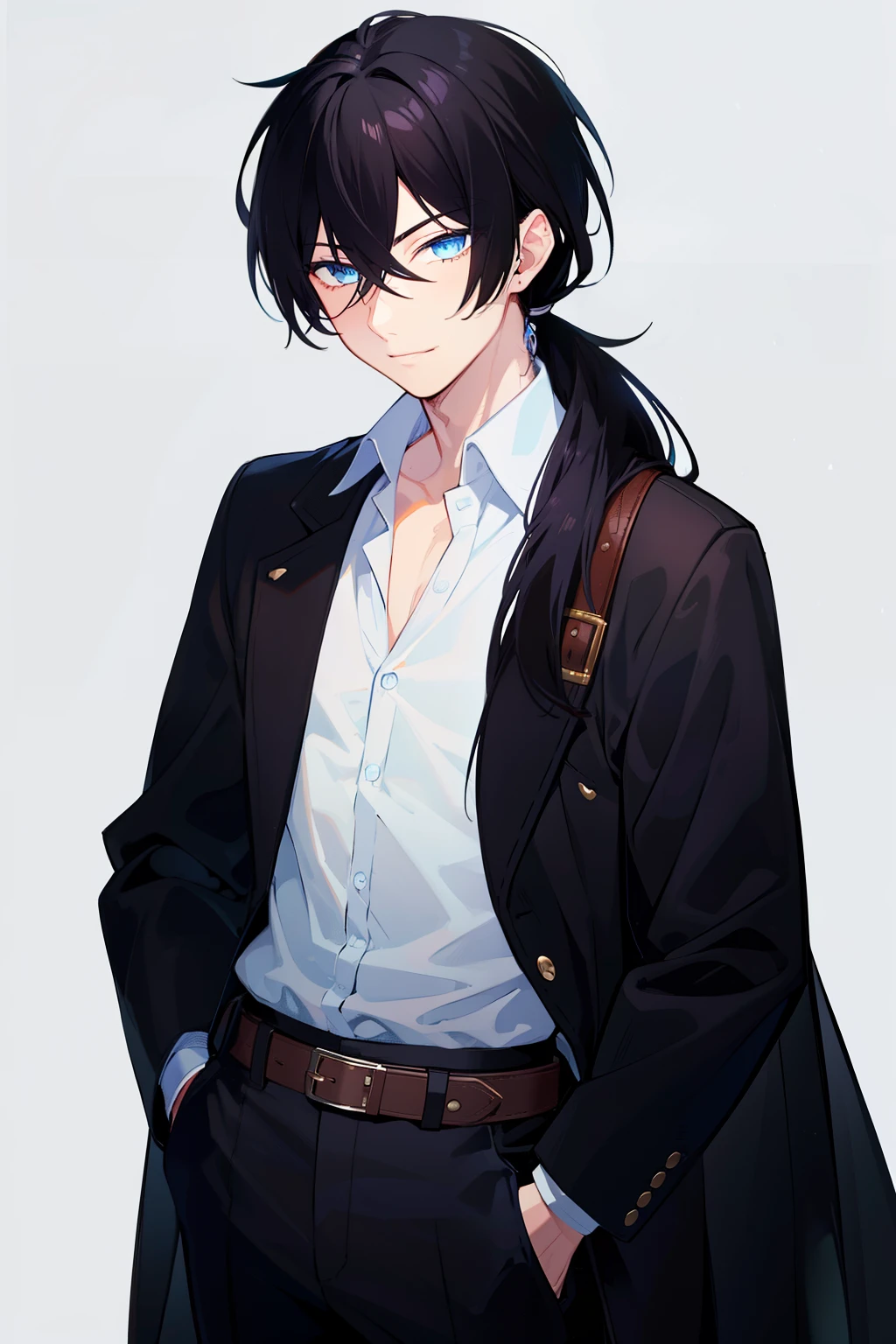 (high-quality, breathtaking),(expressive eyes, perfect face), 1boy, male, solo, young adult, black hair , deep blue coloured eyes, gentle smile, long hair, long hair tied in low ponytail, hair between eyes, fantasy clothing, white button up shirt, black pants, brown belt, small brown satchel, adventuring gear, black jacket