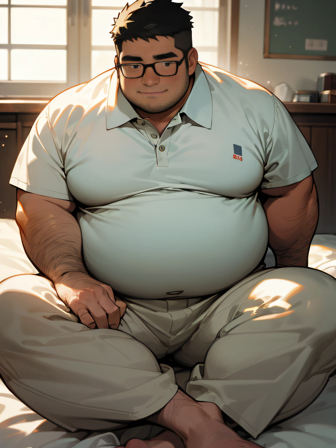 masterpiece,top-quality, 8K, Japanese nursery school, A fat man sits on the bed and spreads his legs in an M shape., Spread legs, nerdy, short legs, Bowleg, Bare legs, Shirtless, Please wear a white polo shirt and light gray sweatpants, Shy, Fat Man, Glasses, Black-haired man, Man with big face, Round face, Sweating