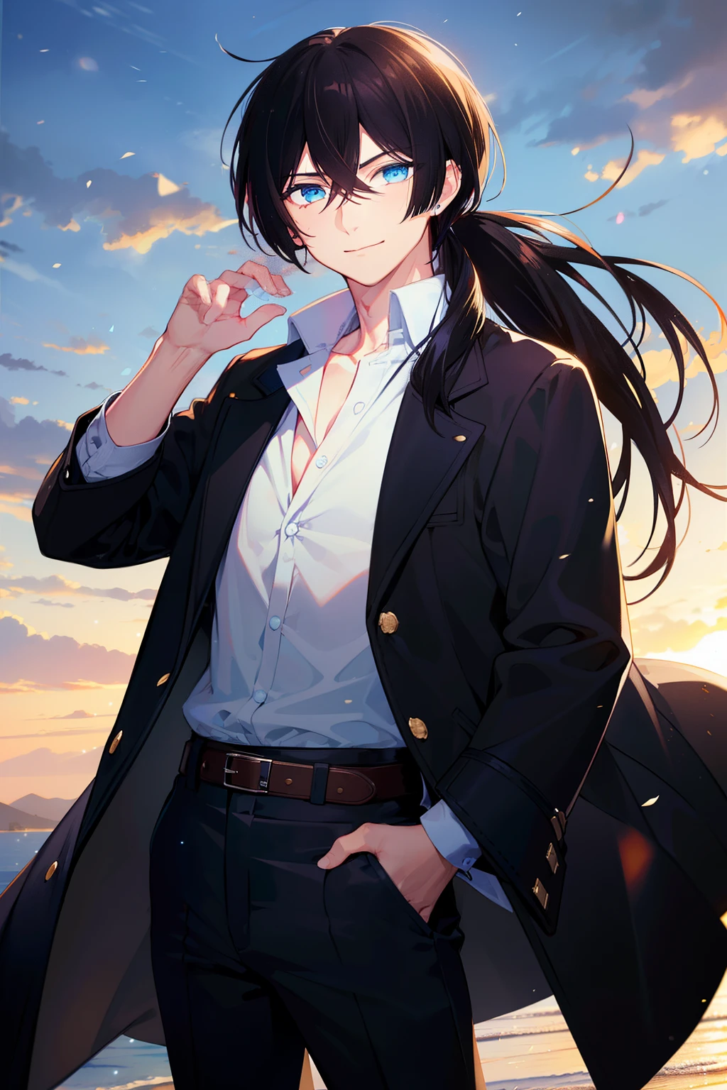 (high-quality, breathtaking),(expressive eyes, perfect face), 1boy, male, solo, young adult, black hair , deep blue coloured eyes, gentle smile, long hair, long hair tied in low ponytail, hair between eyes, fantasy clothing, white button up shirt, black pants, brown belt, small brown satchel, adventuring gear, black jacket