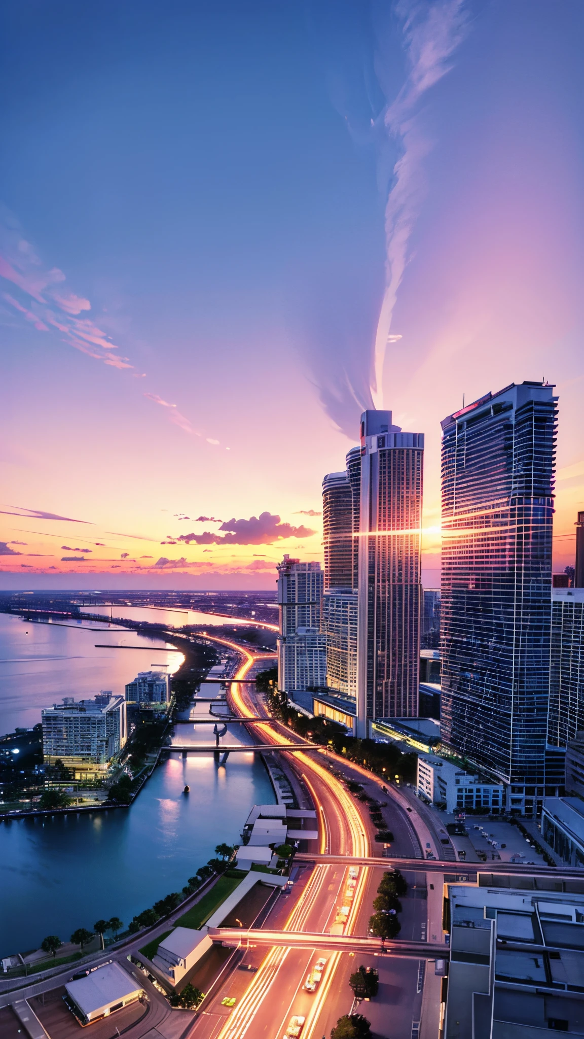 {8k image}, beautiful Miami landscape at dusk, horizon image, people cars planes and pedestrians around, 80s aesthetic with shades of purple and pink