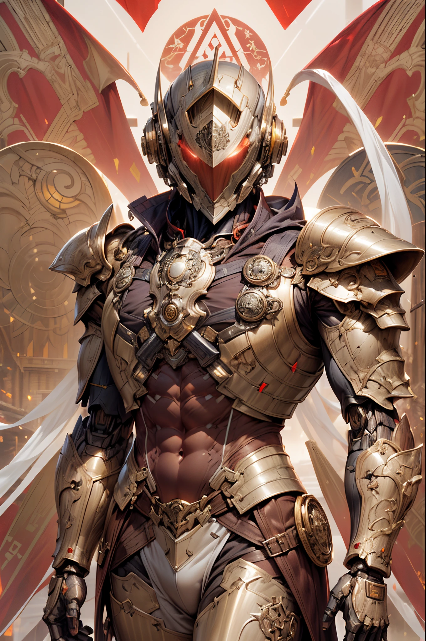 (((An epic and visually stunning digital anime masterpiece featuring a sylphlike masculine ((male:1.5)) decorated military soldier soldier clad in a sleek yet tactical armored yet decorated leather military trench coat:1.2))), (((flat masculine male chest:1.5, mechanical mecha knight head with a narrow visor:1.5))), (((the character is adorned in a (scifi tactical armored open front trench coat with a built in exoskeleton, hood pulled up) (over a form fitted armor plated yet super sleek and revealing under suit with waist cut outs), the armor plating on the upper arms and shoulders beautifully engraved))):1.4. The image showcases the intricacies of the character’s armor and clothing:1.5, ((capturing their flamboyant essence and heavy mecha aesthetic:1.2)). The character also possesses an androgynous charm, (((with slim yet heavily muscled physique:1.2, sylphlike with a sleek waist, toned yet beautifully sleek cybernetic arms:1.3, mechanical arms and legs:1.3, mecha muscles:1.3))), looking at viewer, (((brass metal armor and brown leather, dieselpunk:1.3)))