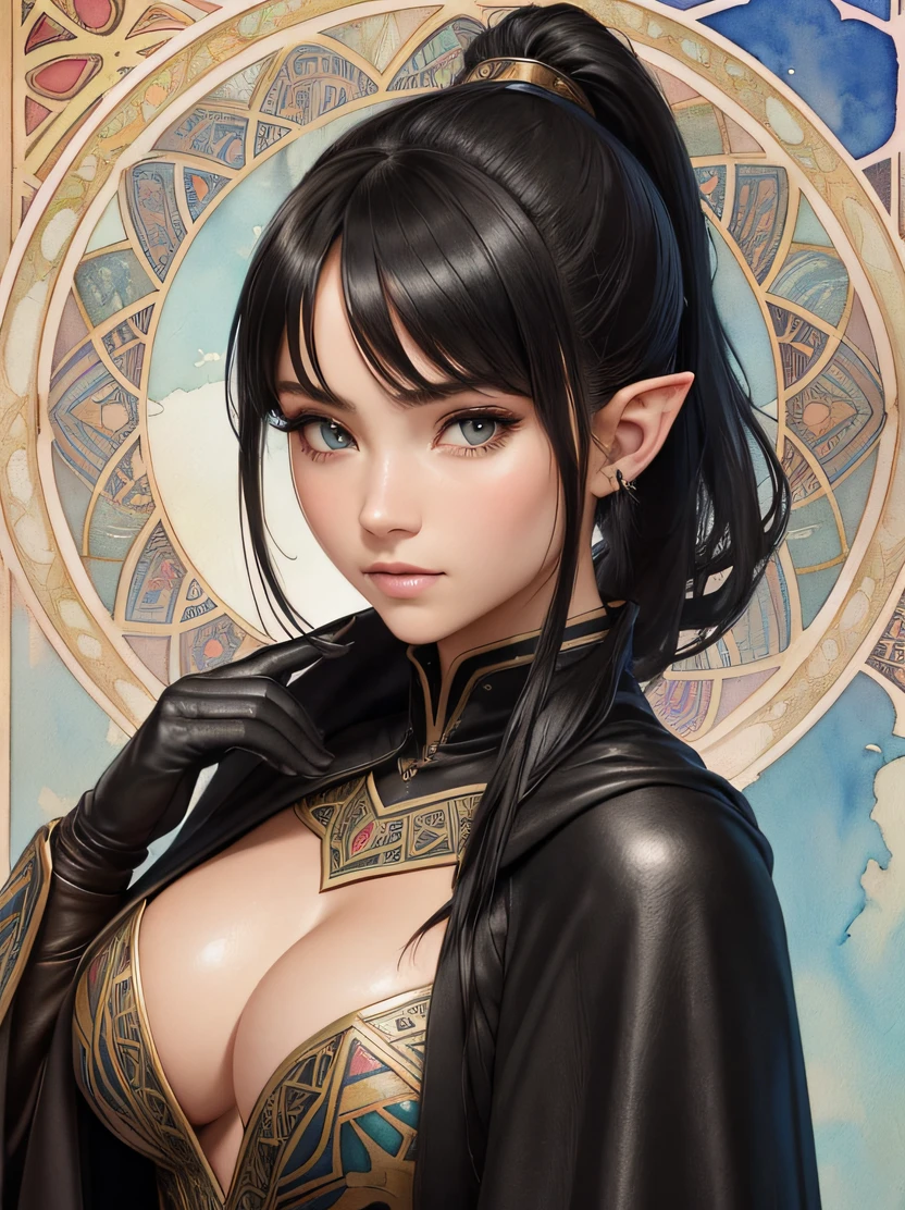 ((hight resolution、top-quality、super detailing、best picture、watercolor paiting、thick outlines、mats、by mucha))、flowing lines、cowboy shot、Stunning portrait of a beautiful woman、1 female、((elvish、glistning skin、Black haired beauty、Hairstyle Ponytail))、Slender figure、Hairstyle Ponytail、Blue eyes、Sharp eyes、hyperdetailed face、A detailed eye、Detailed hand depiction、Warrior armor and long sleeve leather tunic、Black cloak、Black leather gloves