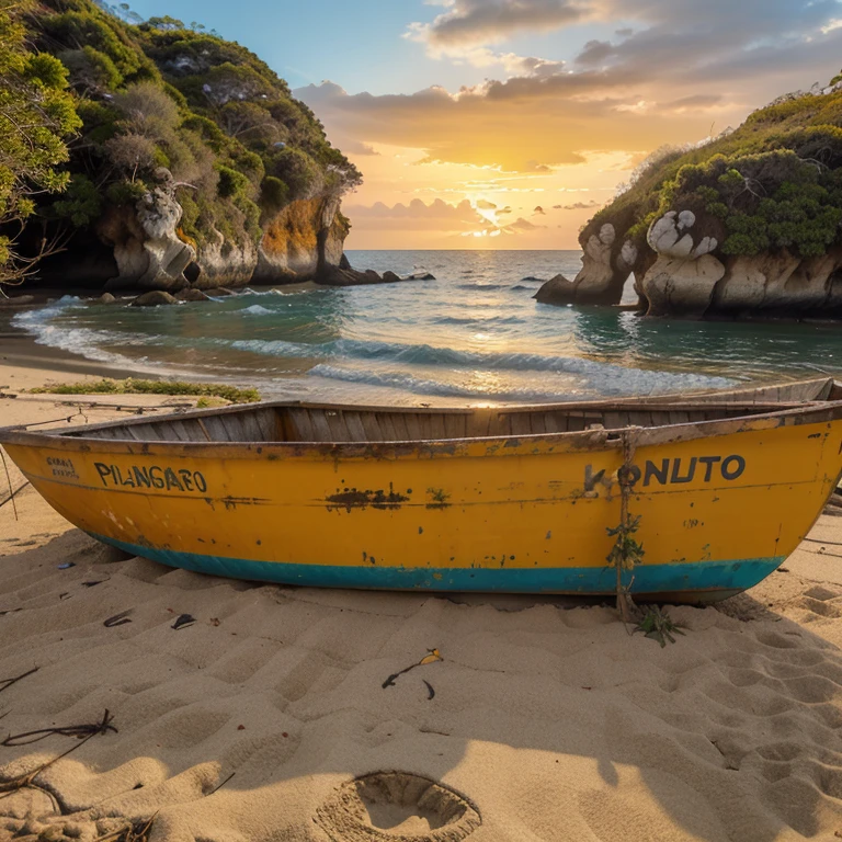 Paisaje, playa, atardecer, pocos barcos, cantidad poca de fauna y bastante de flora, cielo naranja y amarillo, realista, POV