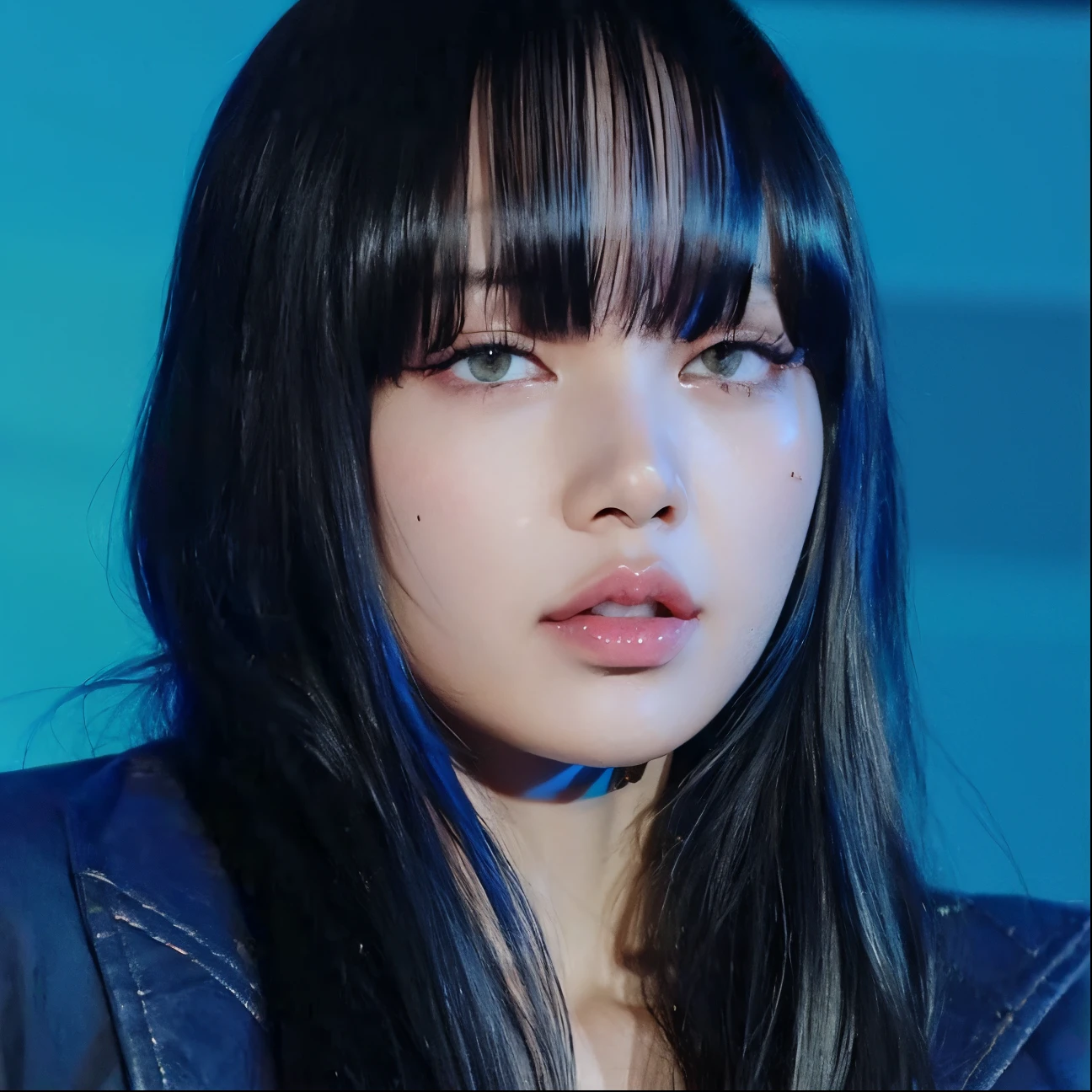 um close de uma mulher com longos cabelos pretos e fundo azul, Ela tem cabelo preto com franja, Sui Ishida com cabelo preto, Lalisa Manobal, com franja completa, com franja, jossi do blackpink, Lalisa Manoban do Blackpink, Retrato de Jossi de Blackpink, jennie blackpink, Kiko Mizuhara, franja completa