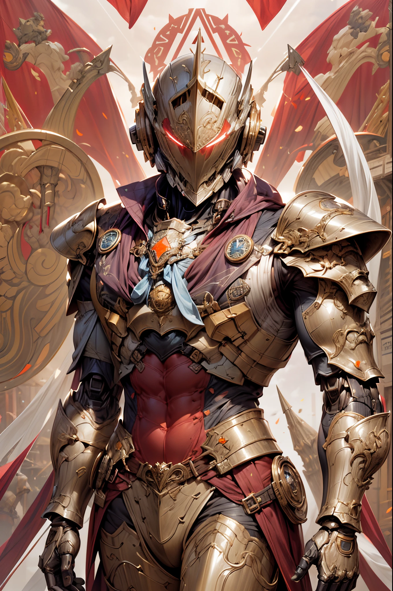 (((An epic and visually stunning digital anime masterpiece featuring a sylphlike masculine ((male:1.5)) decorated military soldier soldier clad in a sleek yet tactical armored yet decorated leather military trench coat:1.2))), (((flat masculine male chest:1.5, mechanical mecha knight head with a narrow visor:1.5))), (((the character is adorned in a (scifi tactical armored open front trench coat with a built in exoskeleton, hood pulled up) (over a form fitted armor plated yet super sleek and revealing under suit with waist cut outs), the armor plating on the upper arms and shoulders beautifully engraved))):1.4. The image showcases the intricacies of the character’s armor and clothing:1.5, ((capturing their flamboyant essence and heavy mecha aesthetic:1.2)). The character also possesses an androgynous charm, (((with slim yet heavily muscled physique:1.2, sylphlike with a sleek waist, toned yet beautifully sleek cybernetic arms:1.3, mechanical arms and legs:1.3, mecha muscles:1.3))), looking at viewer, (((brass metal armor and brown leather, dieselpunk:1.3)))