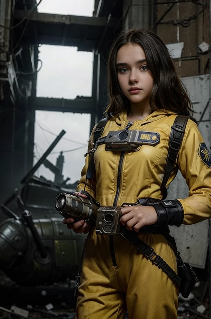  girl wearing (vaultsuit with pipboy3000 on wrist) standing in a ruined city, holding a large fallout weapon, giant slater fallout insect in background, professionally color graded, professional photography, well drawn, masterpiece, hyper realistic, ultra detailed, high quality, best quality, 4k, 8k, raw