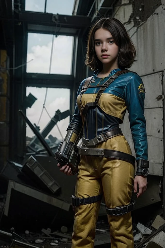 13 year old girl wearing (vaultsuit with pipboy3000 on wrist) standing in a ruined city, holding a large fallout weapon, giant slater fallout insect in background, professionally color graded, professional photography, well drawn, masterpiece, hyper realistic, ultra detailed, high quality, best quality, 4k, 8k, raw