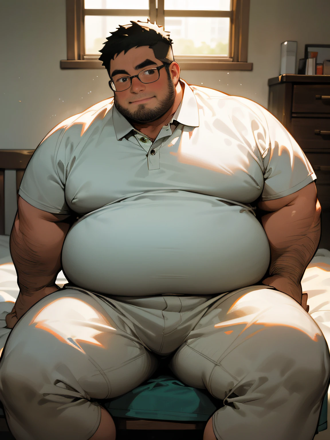 masterpiece,top-quality, 8K, Japanese nursery school, A fat man sits on the bed and spreads his legs in an M shape., , nerdy, short legs, Bowleg, Bare legs, Shirtless, Please wear a white polo shirt and light gray sweatpants, Shy, Fat Man, Glasses, Black-haired man, Man with big face, Round face, Sweating