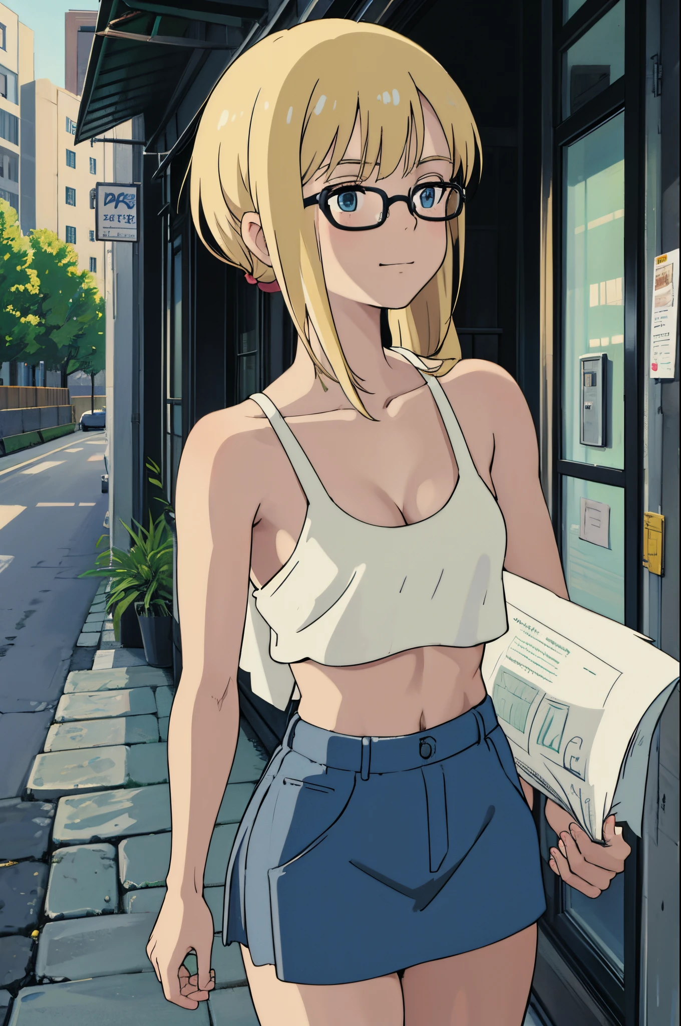blonde woman with straight hair and bangs, wearing glasses, 1girl, solo, hair in a ponytail, 21 years old, no makeup, soft face, sweet smile, back view, small mouth closed, medium boobs, blue eyes, realistic photo, in street, high pov, looking down, green bra, cleavage, midriff, g string panties, thong panties,