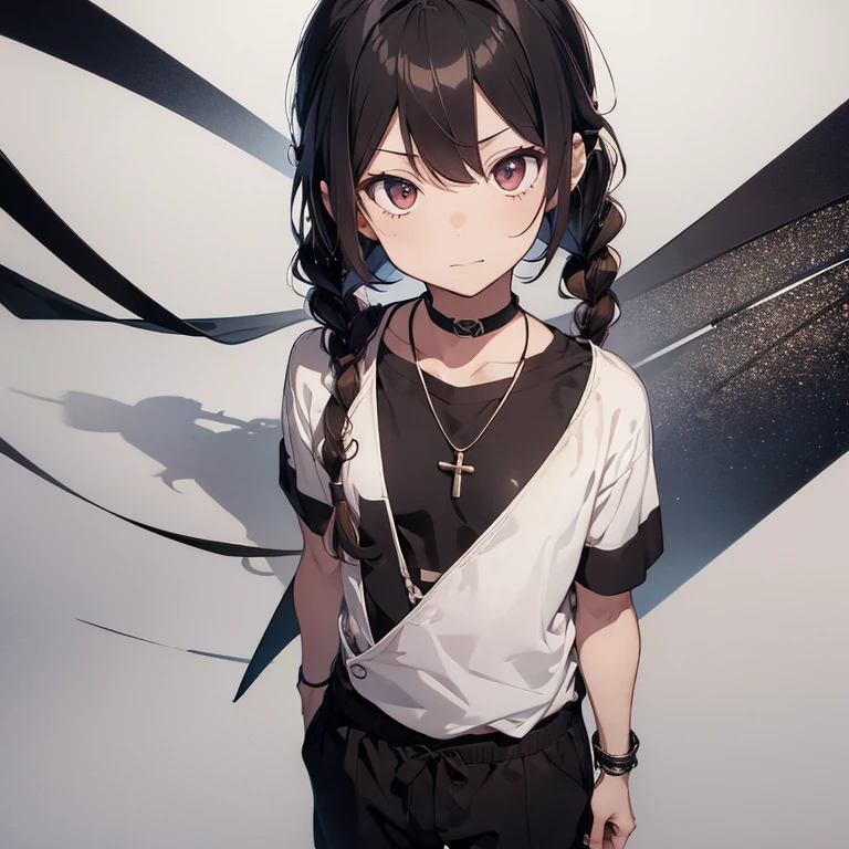 masutepiece,1boy, Solo, Simple background, Looking at Viewer, lightsmile, Metal necklace, Kakullan, bandaged, Black pants, troublemaker, Yankee, Accessories, Light brown two-tone hair color, Unique hairstyle, Fashionable, french braids, Simple background, Black background, Full body, odd eye