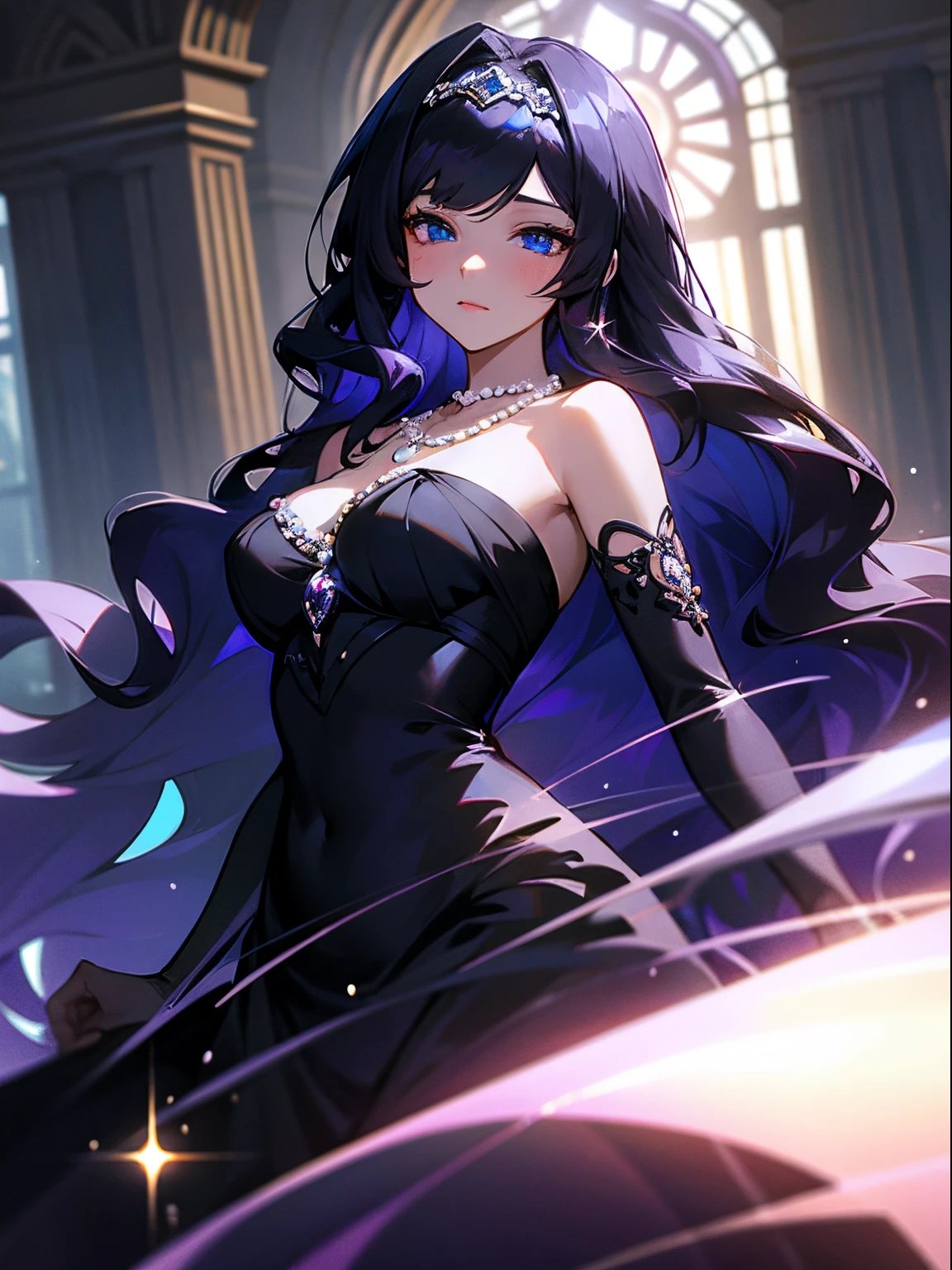 A beautiful woman with long wavy violet hair, side-swept bangs, sharp blue eyes, light skin, wearing a sparkly black dress, black headband, and pearl necklace, inside of a fancy building, night time.