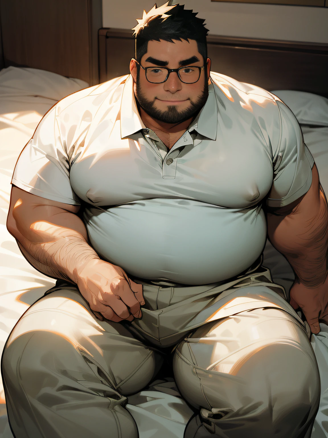 ​masterpiece,top-quality, 8K, Japanese nursery school, A fat man sits on the bed and spreads his legs in an M shape., Spread legs, nerdy, short legs, Bowleg, Bare legs, Shirtless, Please wear a white polo shirt and light gray sweatpants, Shy, Fat Man, Glasses, Black-haired man, Man with big face, Round face, Sweating