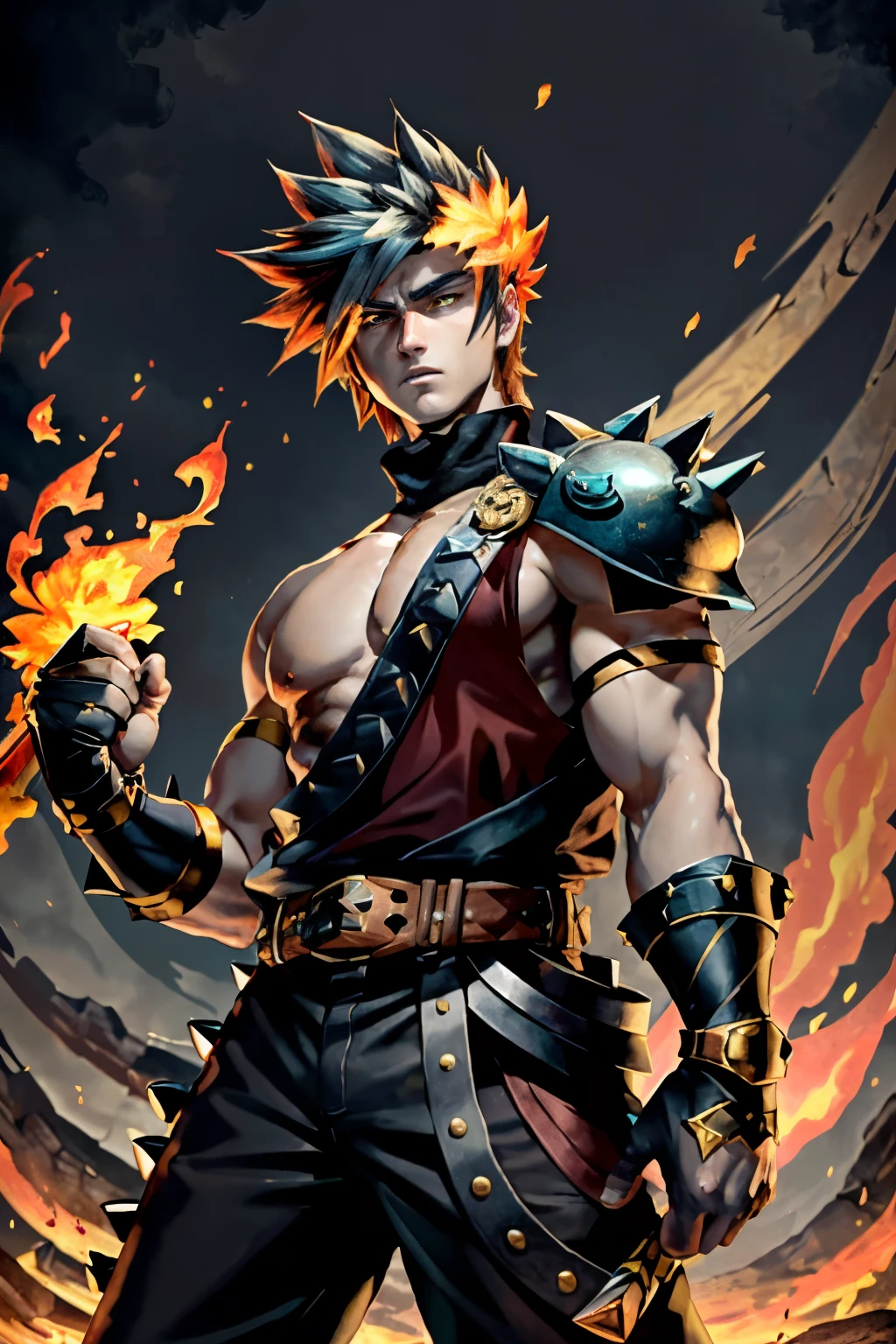 full-length shot of Zach, Zach has distant makou-green glowing eyes, set in a pale gray face surrounded by bright fiery spikes of red and white hair, He wears burgandy chiton with red and gold flame pattern, A single spiked pauldron asymmetrically guards his left shoulder, His stern expression is guaranteed by the red studded leather band across his forehead, Zach wields Blazing Edge - a massive broadsword glowing with red runes and wreathed in flames, The sword reflects in Zach's brooding emotionless green eyes, Zach's posture and build has muscular stature combined with aloof stance - arms hanging nonchalantly at his sides but fists clenched tight, He gives off an intimidating yet indifferent aura, streaked hair, wide shot, masterpiece, high details, cloud strife, shoulder armor, sleeveless turtleneck, suspenders, belt, baggy pants, gloves, bracer, boots, ZagreusHades, laurel crown, chiton