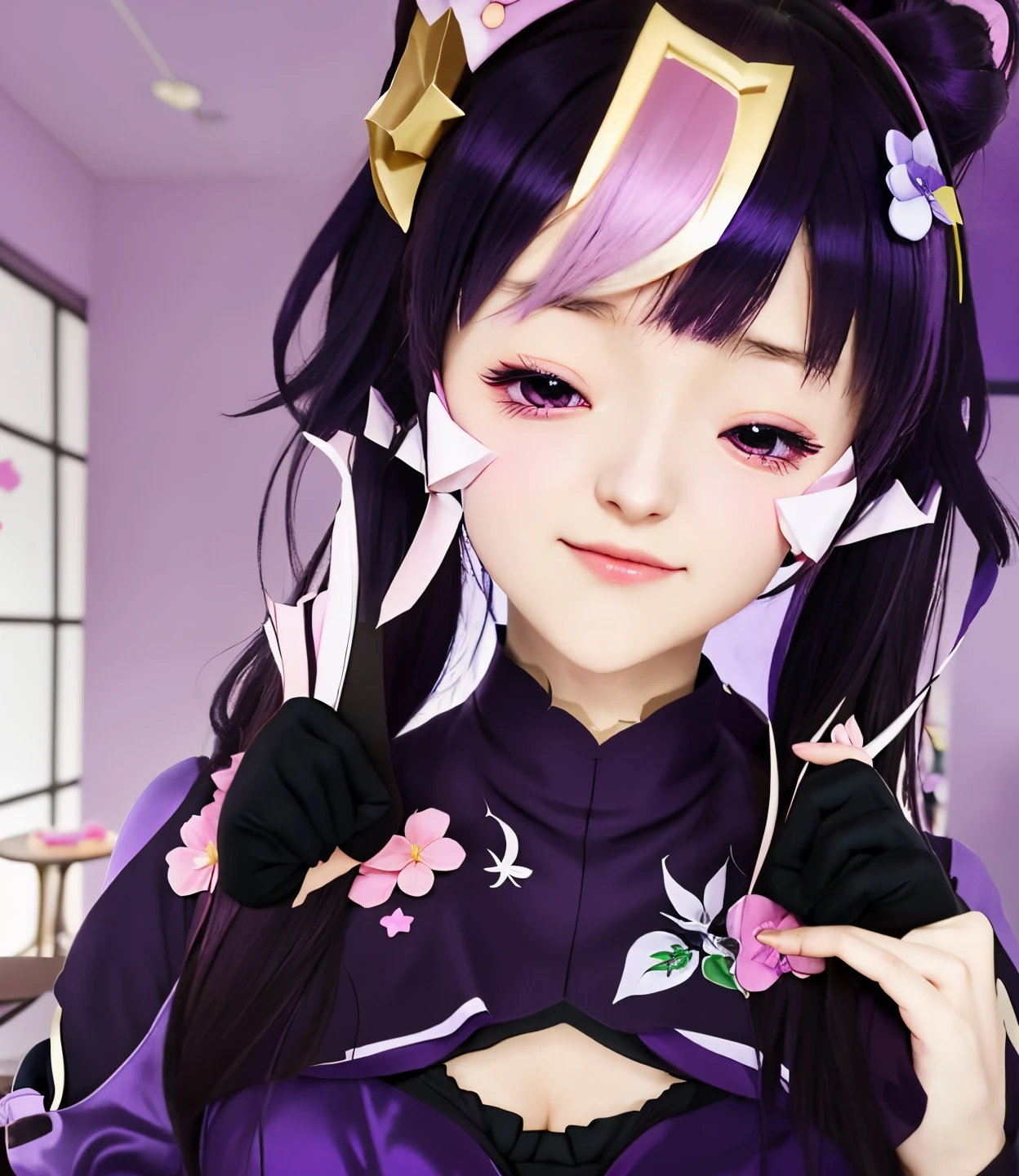 anime girl with a purple dress and a brown bow holding a cell phone, hanayamata, shalltear from overlord, ayaka genshin impact, shalltear bloodfallen, anime visual of a cute girl, anime moe artstyle, hinata hyuga, maya fey from ace attorney, from the azur lane videogame, loli, realistic, ultra detail, women