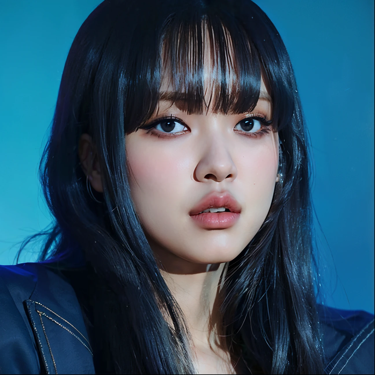 um close de uma mulher com longos cabelos pretos e fundo azul, Ela tem cabelo preto com franja, Sui Ishida com cabelo preto, Lalisa Manobal, com franja completa, com franja, jossi do blackpink, Lalisa Manoban do Blackpink, Retrato de Jossi de Blackpink, jennie blackpink, Kiko Mizuhara, franja completa