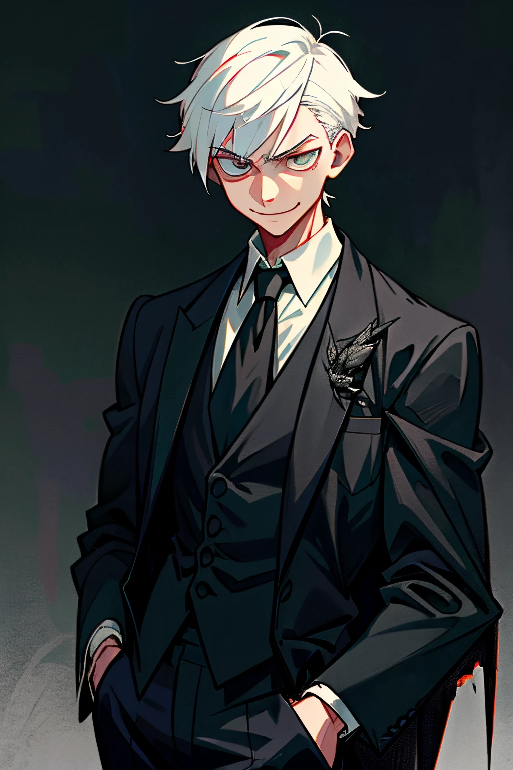 (Best Quality, 巨作), 1boy, Upper body, Injury, Formal black, looking down, looking at the scenes, White hair, vampire, hand in pocket, Muscular, smile, dark mood, Blank background