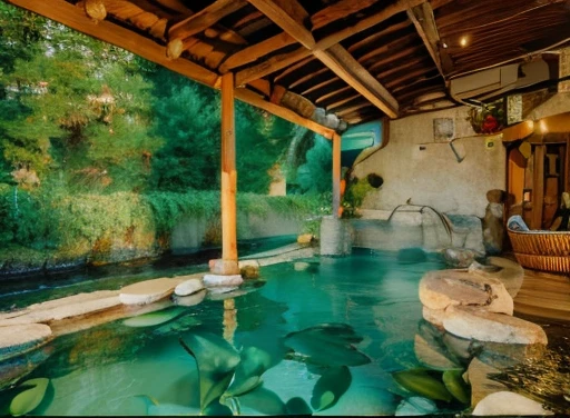 Hot spring with floating olives
