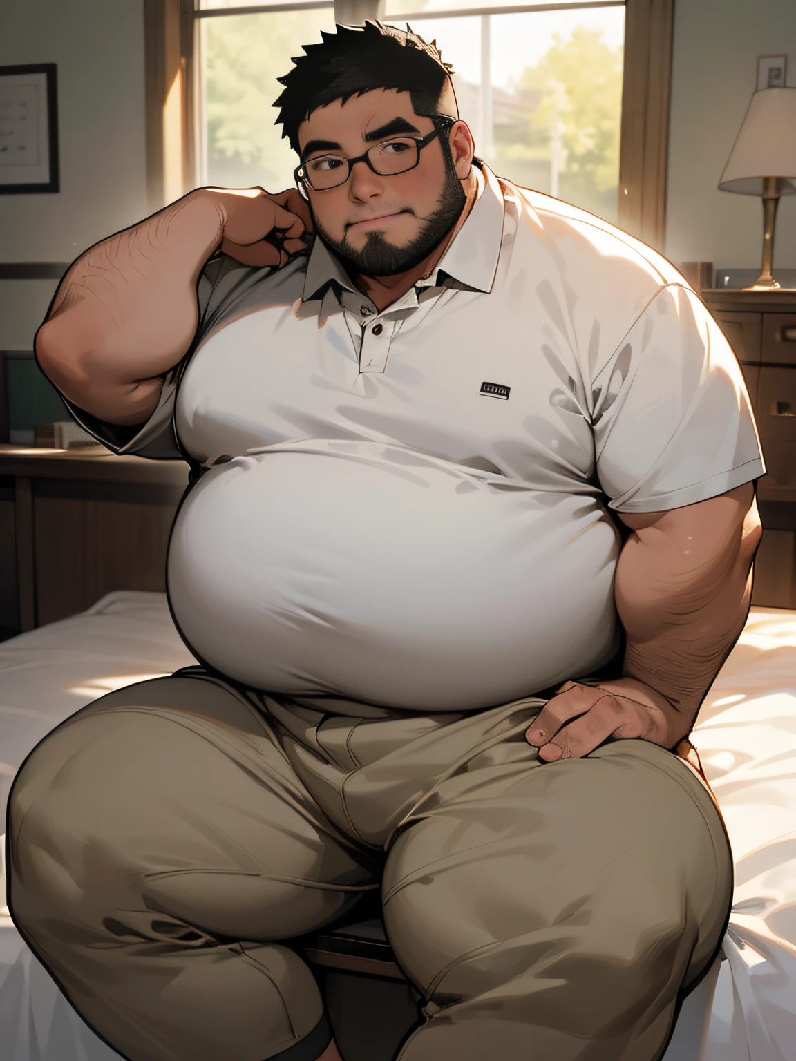 masterpiece,top-quality, 8K, Japanese nursery school, A fat man sits on the bed and spreads his legs in an M shape., Spread legs, nerdy, short legs, Bowleg, Bare legs, Shirtless, Please wear a white polo shirt and light gray sweatpants。, Shy, Fat Man, Glasses, Black-haired man, Man with big face, Round face, Sweating