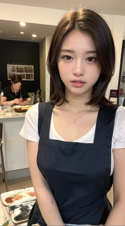 ((Realistic lighting, Best quality, 8K, Masterpiece: 1.3)), Clear focus: 1.2, 1girl, Perfect Figure: 1.4, Slim Abs: 1.1, ((Dark brown hair)), (apron: 1.4), (afternoon: 1.1), cafe, Super fine face, Fine eyes, Double eyelids, doing a painting