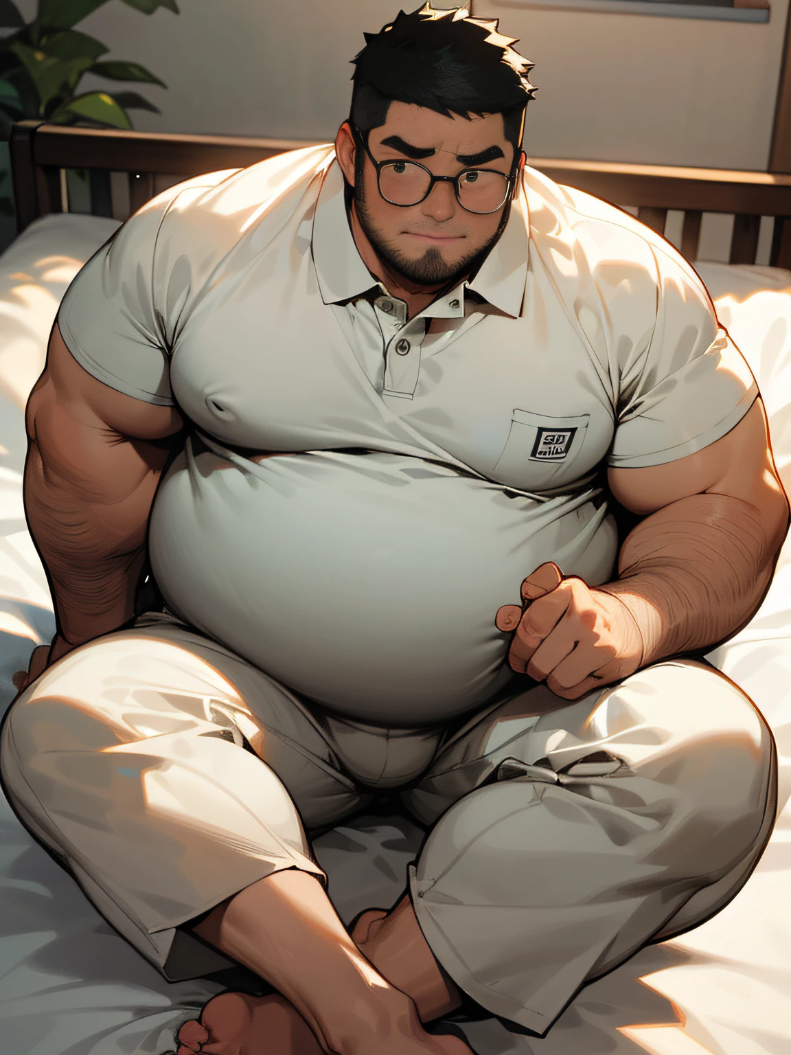 masterpiece,top-quality, 8K, Japanese , A fat man sits on the bed and spreads his legs in an M shape., Spread legs, nerdy, short legs, Bowleg, Bare legs, Shirtless, Please wear a white polo shirt and light gray sweatpants。, Shy, Fat Man, Glasses, Black-haired man, Man with big face, Round face, Sweating
