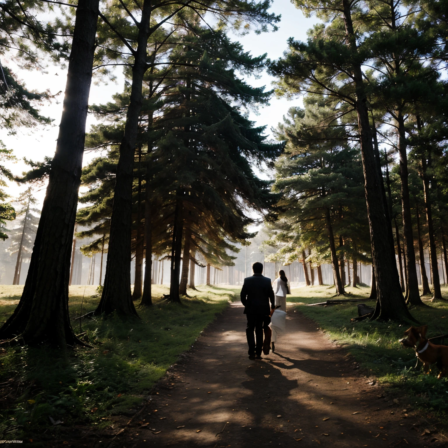 A man a smaller women and a small dog silhouette walking into forest