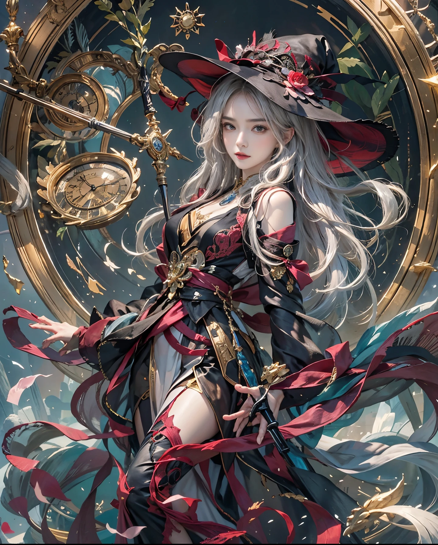 Official art、Wizard of Time、Use Time Magic to travel through time and space、Girl with the power of a magic wand、The background is reminiscent of the passage of time、In the background, You can see a lot of watches and a lot of watch parts.、Beautiful woman in black mage clothes with open chest、PerfectNwsjMajic,(​masterpiece、top-quality、top-quality、Official art、Beautifully Aesthetic:1.2)、(1girl in)、ighly detailed、colourfull、highestdetailed、Official art、Unity 8k壁纸、ultra-detailliert、Beautifully Aesthetic、Beautiful face in detail、​masterpiece、top-quality、(Zentangle、a Mandala、Tangles、Entanglement)、Holy Light、pure、There are also resilient messages, Overcoming and hope. Breasts are small and B size、A slender、The chest is open、Eyes are double（A detailed eye）, Beautifully detailed、Hair that flutters in the wind、Maroon Gradient Hair Color、the tips of the hair are red、high-heels、Gold Anklet、Random moving poses、