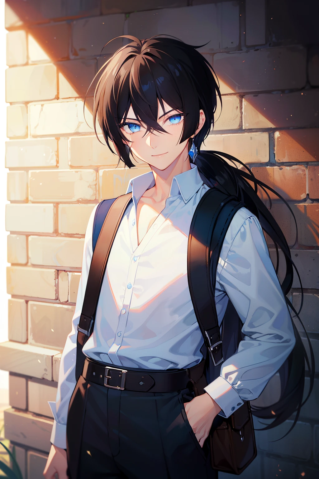 (high-quality, breathtaking),(expressive eyes, perfect face), 1boy, male, solo, young adult, black hair , deep blue coloured eyes, gentle smile, long hair, long hair tied in low ponytail, hair between eyes, fantasy clothing, white shirt, black pants, brown belt, small brown satchel, adventuring gear, ------------alone saint seiya