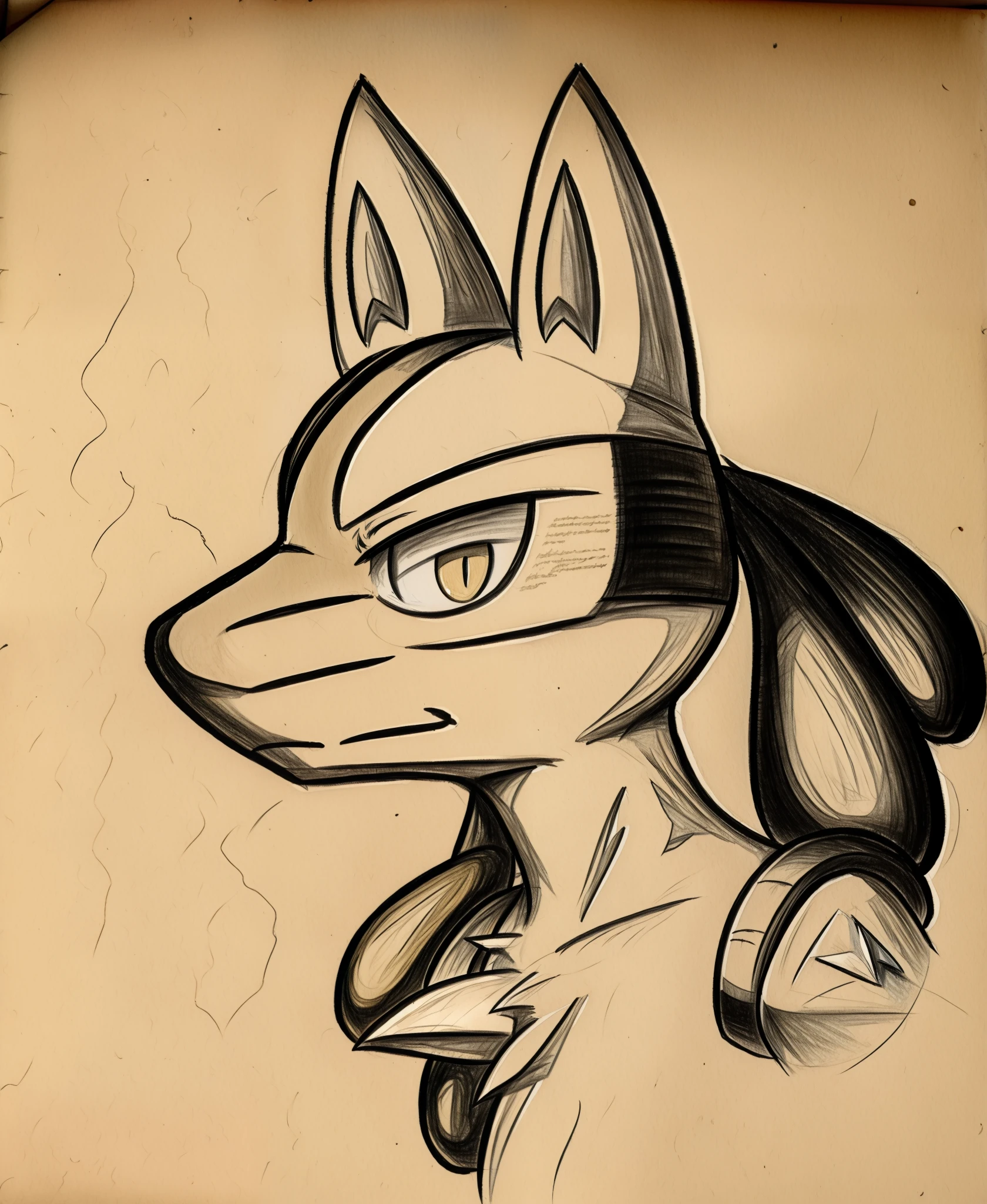 On old sketch of Lucario showing a single full body sketch, close up sketch of his face in the corner, colorless sketch on old paper, sketches, drawn like an old manuscript, faded sketch, worn page edges