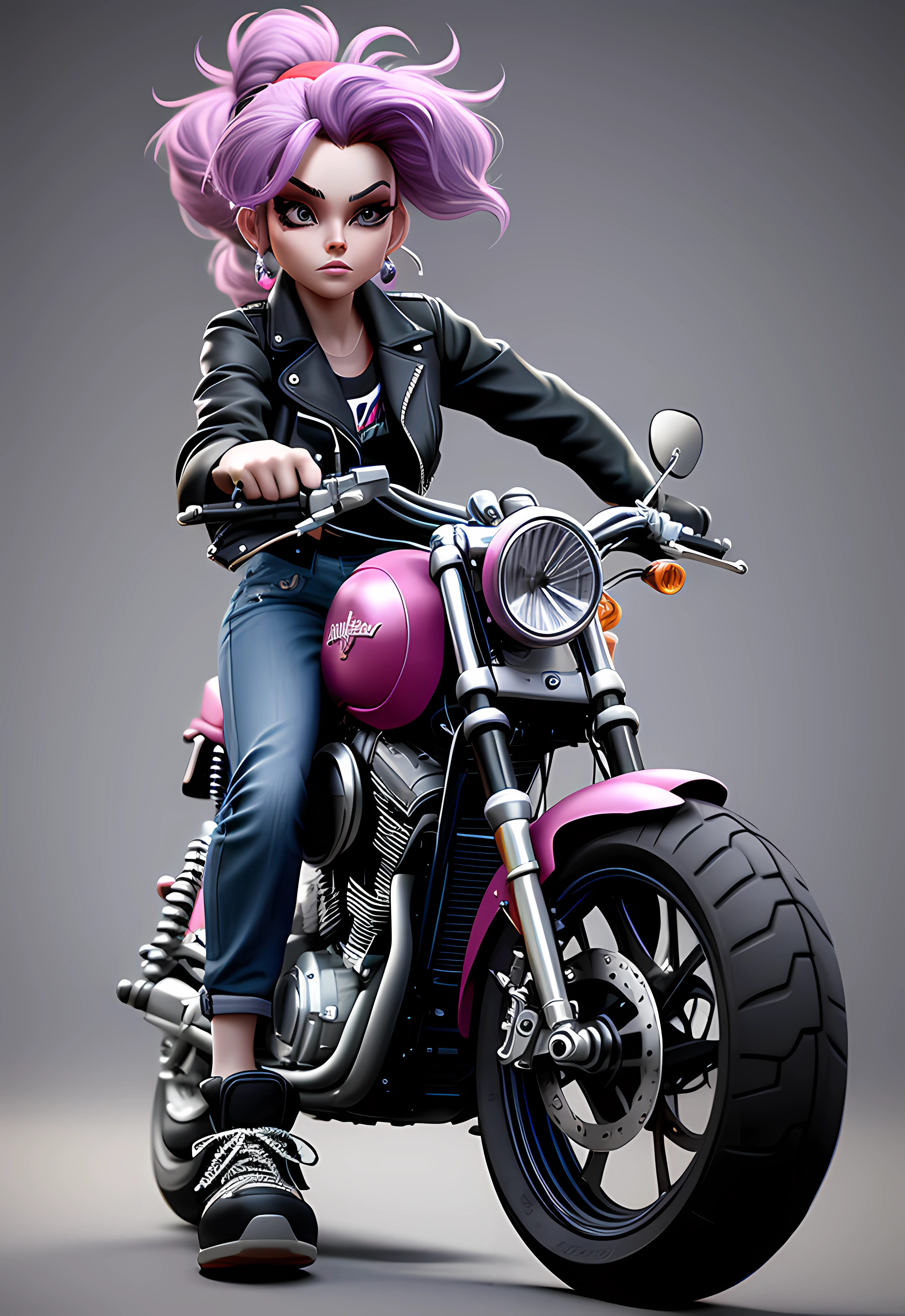 Maybelle, Passersby on the street, Lilac hair tied into a ponytail, athletic body build, wearing the black leather jacket, red sneakers,(Harley motorcycles:1.3), Jeans and black bottom jeans, use his strength &cite;onyx hurricane&cite; Move through 3D animated apocalyptic scenes. The footage highlights her unique look of punching the air amid the chaos. 1:1 ratio, dramatic lights, smoke effect.simplebackground