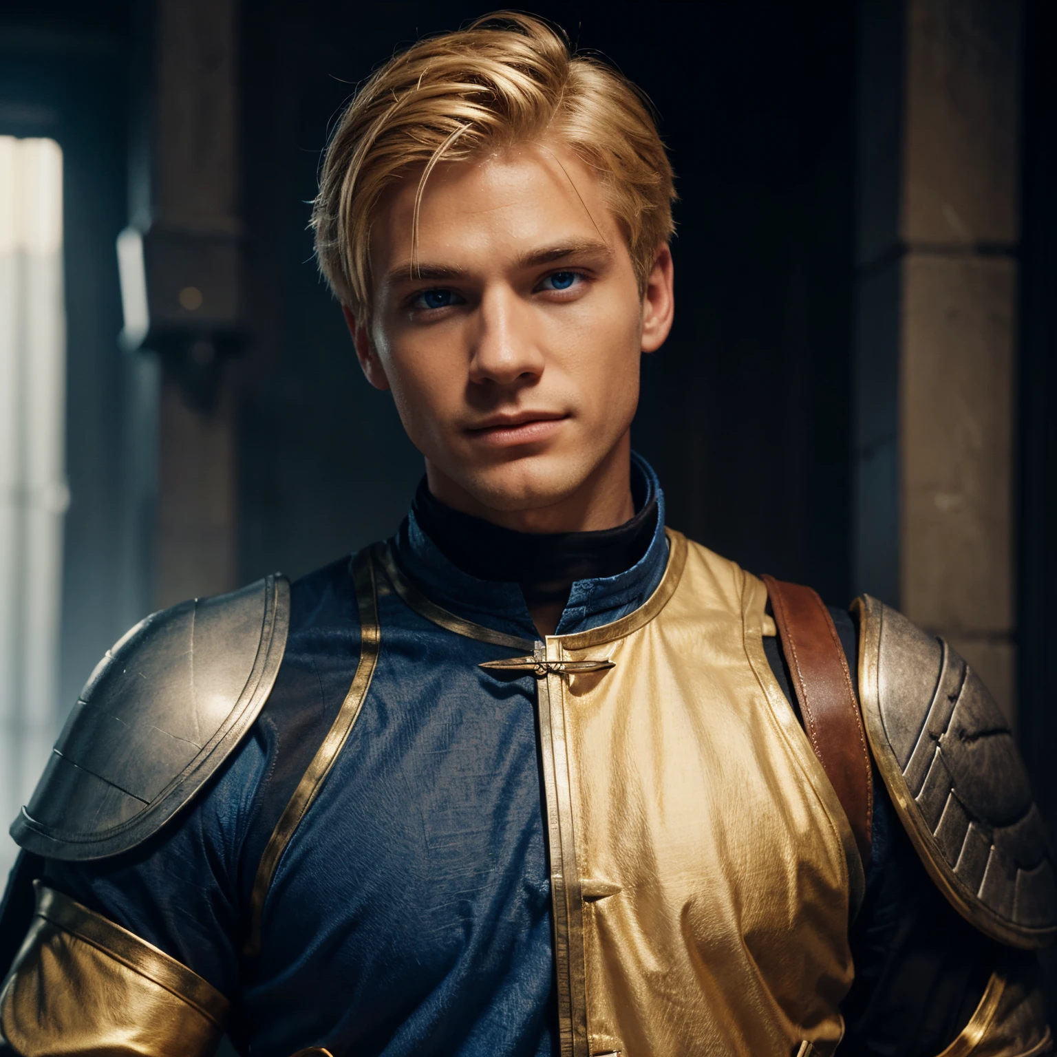 A male dnd chariter who is blond and has blue eyes he is a fighter