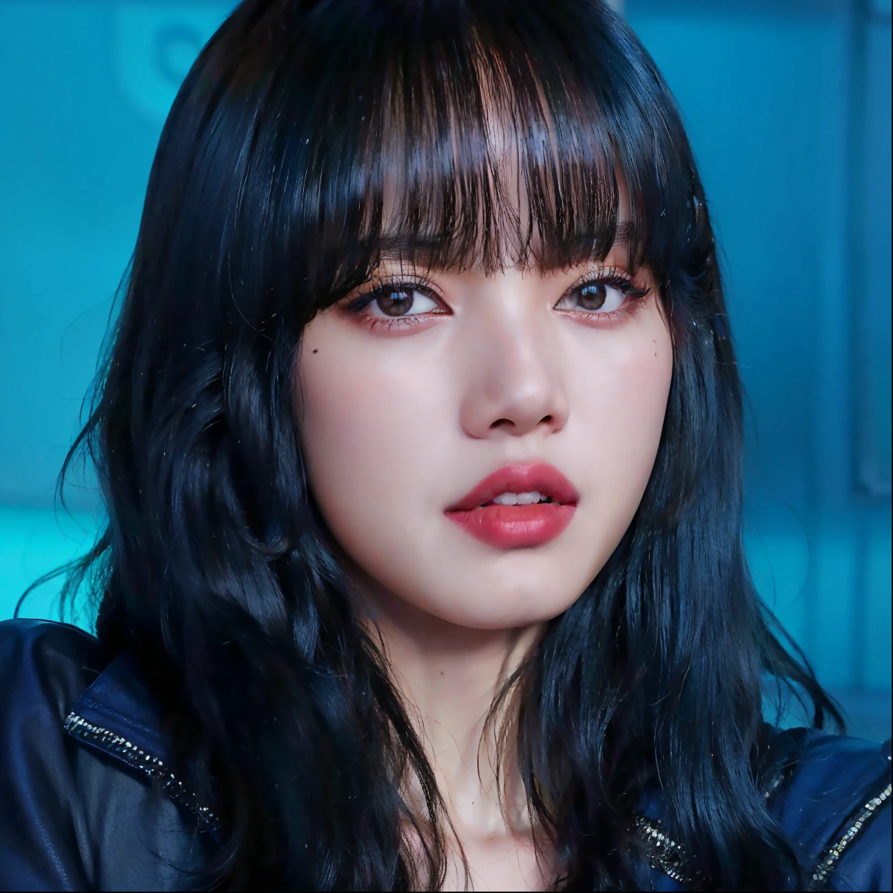 um close de uma mulher com longos cabelos pretos e fundo azul, Ela tem cabelo preto com franja, Sui Ishida com cabelo preto, Lalisa Manobal, com franja completa, com franja, jossi do blackpink, Lalisa Manoban do Blackpink, Retrato de Jossi de Blackpink, jennie blackpink, Kiko Mizuhara, franja completa