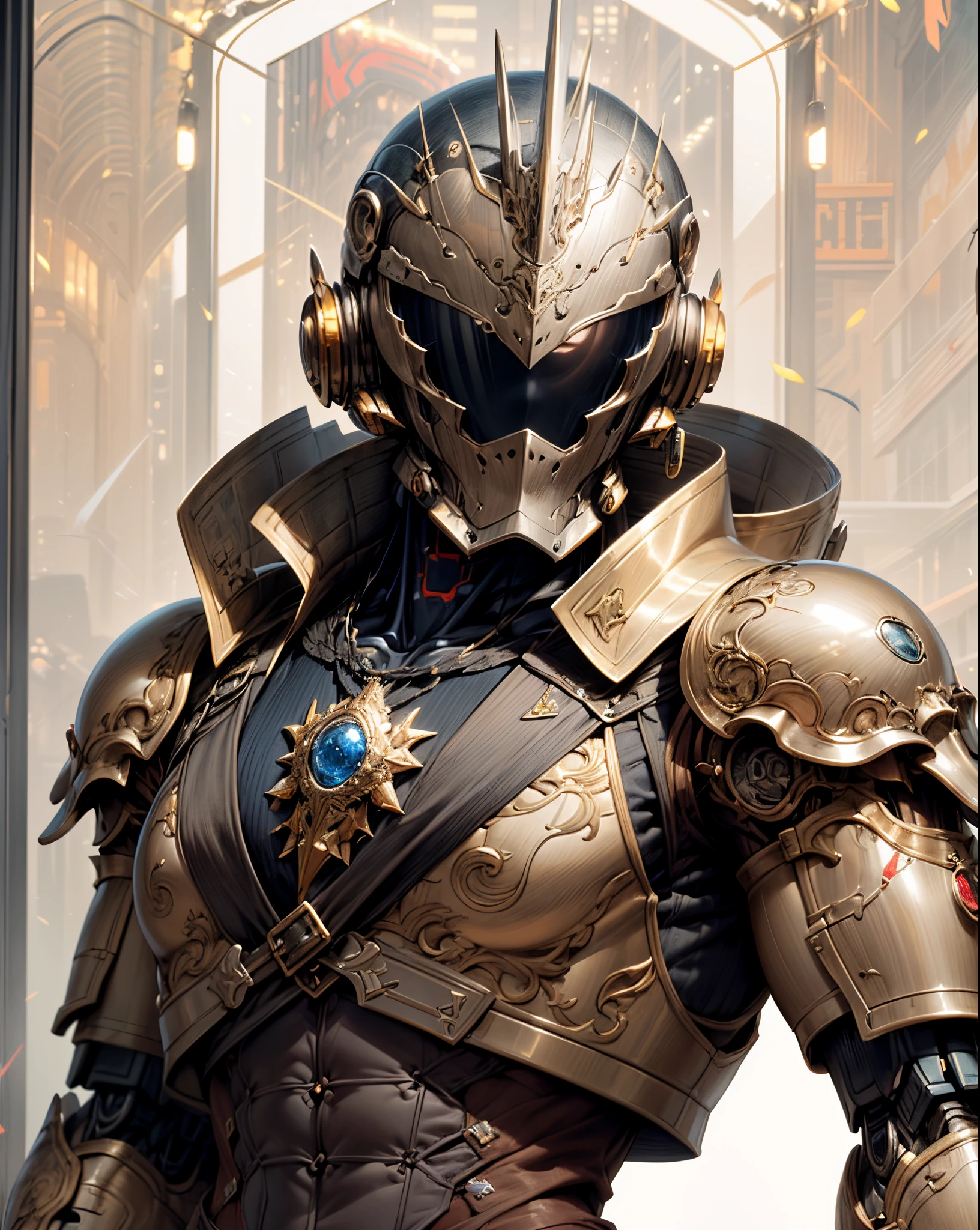 (((An epic and visually stunning digital anime masterpiece featuring a sylphlike masculine ((male:1.5)) decorated military soldier soldier clad in a sleek yet tactical armored yet decorated leather military trench coat:1.2))), (((flat masculine male chest:1.5, mechanical mecha knight head with a narrow visor:1.5))), (((the character is adorned in a (scifi tactical armored open front trench coat with a built in exoskeleton, hood pulled up) (over a form fitted armor plated yet super sleek and revealing under suit with waist cut outs), the armor plating on the upper arms and shoulders beautifully engraved))):1.4. The image showcases the intricacies of the character’s armor and clothing:1.5, ((capturing their flamboyant essence and heavy mecha aesthetic:1.2)). The character also possesses an androgynous charm, (((with slim yet heavily muscled physique:1.2, sylphlike with a sleek waist, toned yet beautifully sleek cybernetic arms:1.3, mechanical arms and legs:1.3, mecha muscles:1.3))), looking at viewer, (((brass metal armor and brown leather, dieselpunk:1.3)))