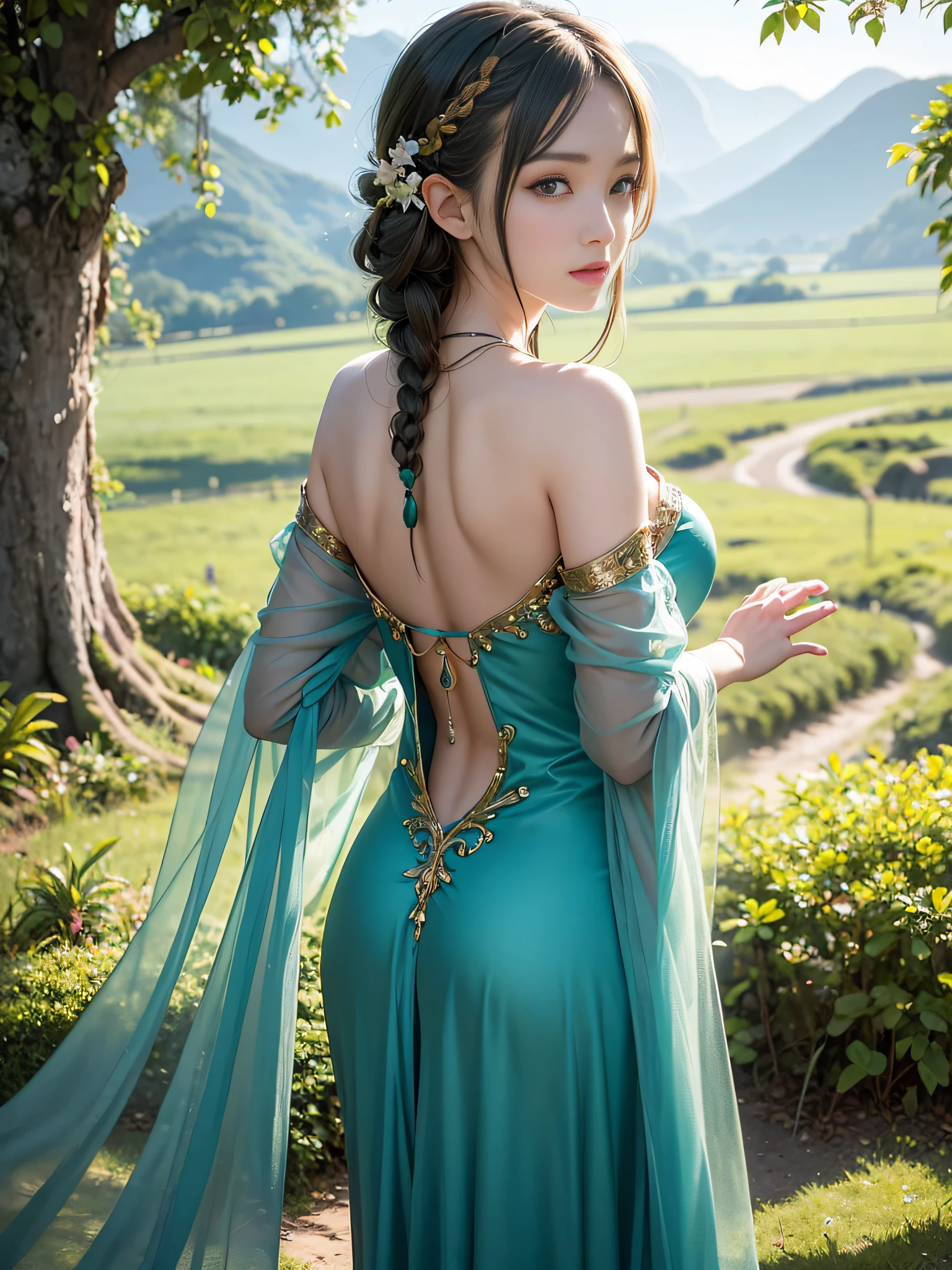 Graceful elven girl standing in meadow, Delicate face illuminated by the soft light of the setting sun. Her long, Flowing hair runs down your back, Decorated with intricate braids、Adorned with sparkling gemstones. This great photo is、、、It captures the ethereal beauty of elves. Slender figure in silk dress、Swaying in the soft steppe breeze. Attention to detail、Face that is、Face that is、Face that is、Face that is、It is evident in the intricate patterns of the dress and the subtle highlights of the luminescence. skin. The breathtaking portrayal of the elven girl is、、、、、Create an enchanting atmosphere、It invites the viewer to a magical world. emerald green hair color and eye,