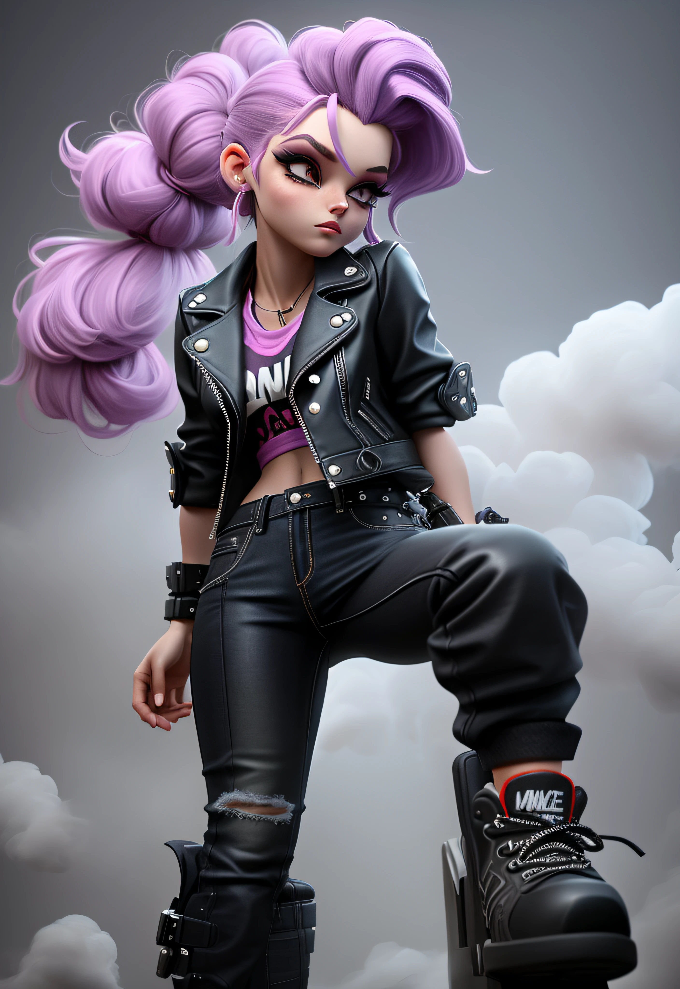 Maybelle, Passersby on the street, Lilac hair tied into a ponytail, athletic body build, wearing the black leather jacket, red sneakers,(Harley motorcycles:1.3), Jeans and black bottom jeans, use his strength &cite;onyx hurricane&cite; Move through 3D animated apocalyptic scenes. The footage highlights her unique look of punching the air amid the chaos. 1:1 ratio, dramatic lights, smoke effect.simplebackground