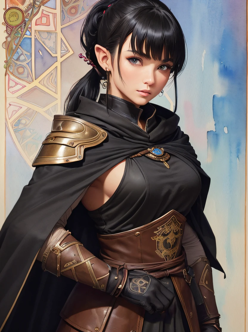 ((hight resolution、top-quality、super detailing、best picture、watercolor paiting、thick outlines、mats、by mucha))、flowing lines、cowboy shot、Stunning portrait of a beautiful woman、1 female、((elvish、glistning skin、Black haired beauty、Hairstyle Ponytail))、Slender figure、Hairstyle Ponytail、Blue eyes、Sharp eyes、hyperdetailed face、A detailed eye、Detailed hand depiction、Warrior armor and long sleeve leather tunic、Black cloak、Black leather gloves