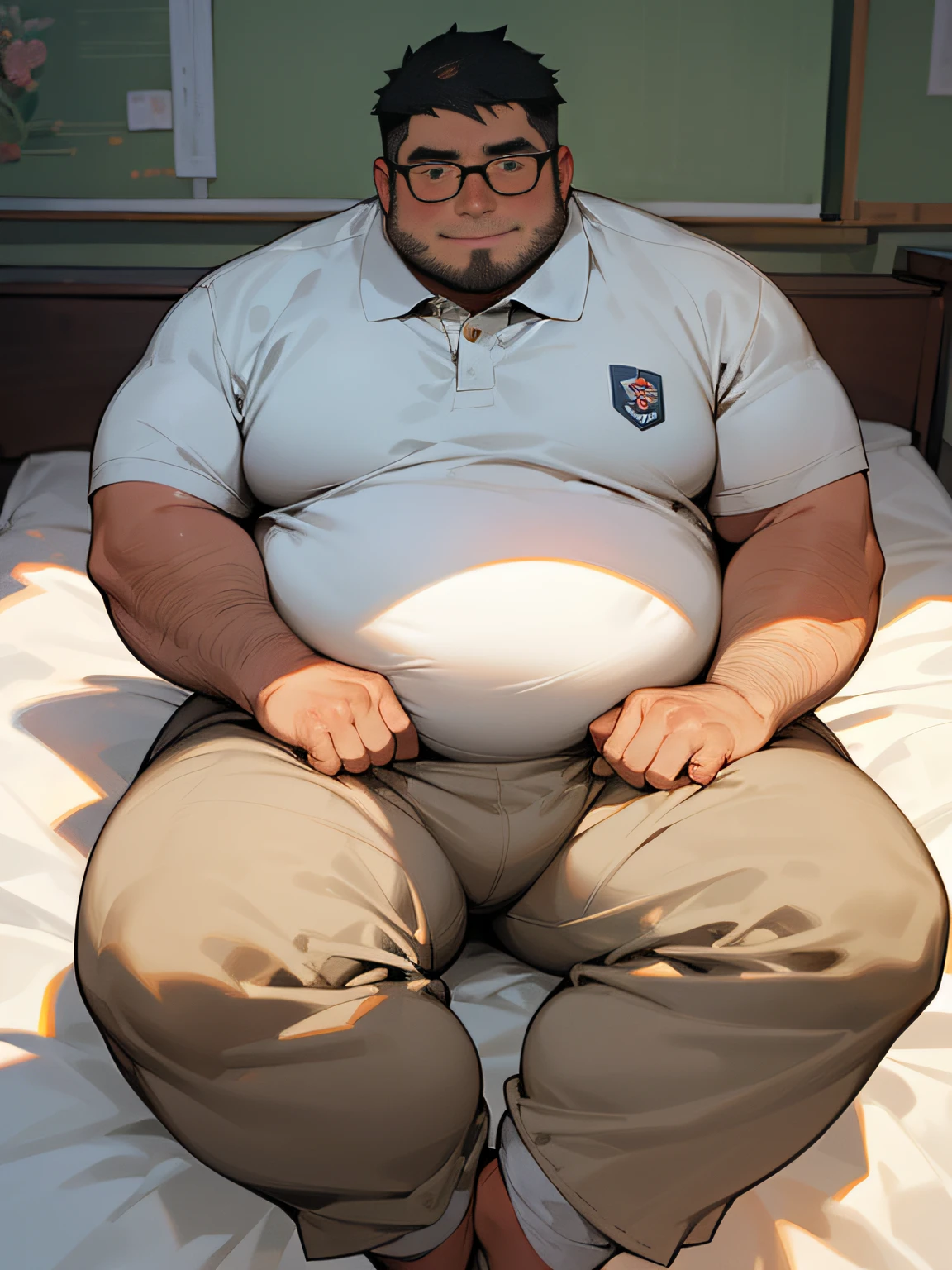 ​masterpiece,top-quality, 8K, Japanese , A fat man sits on the bed and spreads his legs in an M shape., Spread legs, nerdy, short legs, Bowleg, Bare legs, Shirtless, Please wear a white polo shirt and light gray sweatpants。, Shy, Fat Man, Glasses, Black-haired man, Man with big face, Round face, Sweating