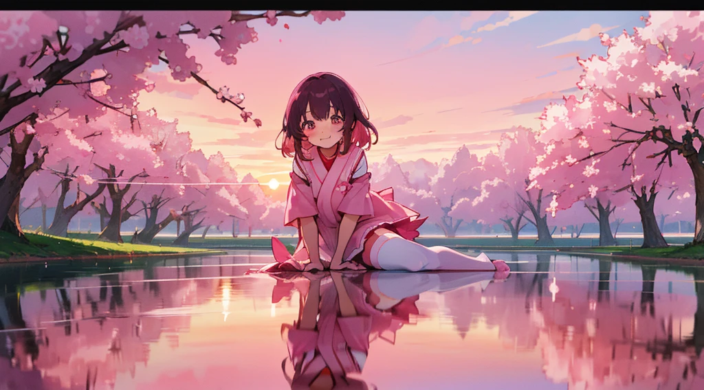 Sakurami, upper part of body, ssmile, Red blush, sitted, ((cherry tree)), ((pink sleeve)), Tang Rose, ((Pink stockings)), pink skies, the sunset, lake, Reflectors