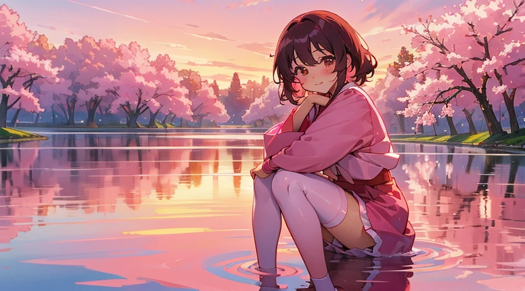 Sakurami, upper part of body, ssmile, Red blush, sitted, ((cherry tree)), ((pink sleeve)), Tang Rose, ((Pink stockings)), pink skies, the sunset, lake, Reflectors
