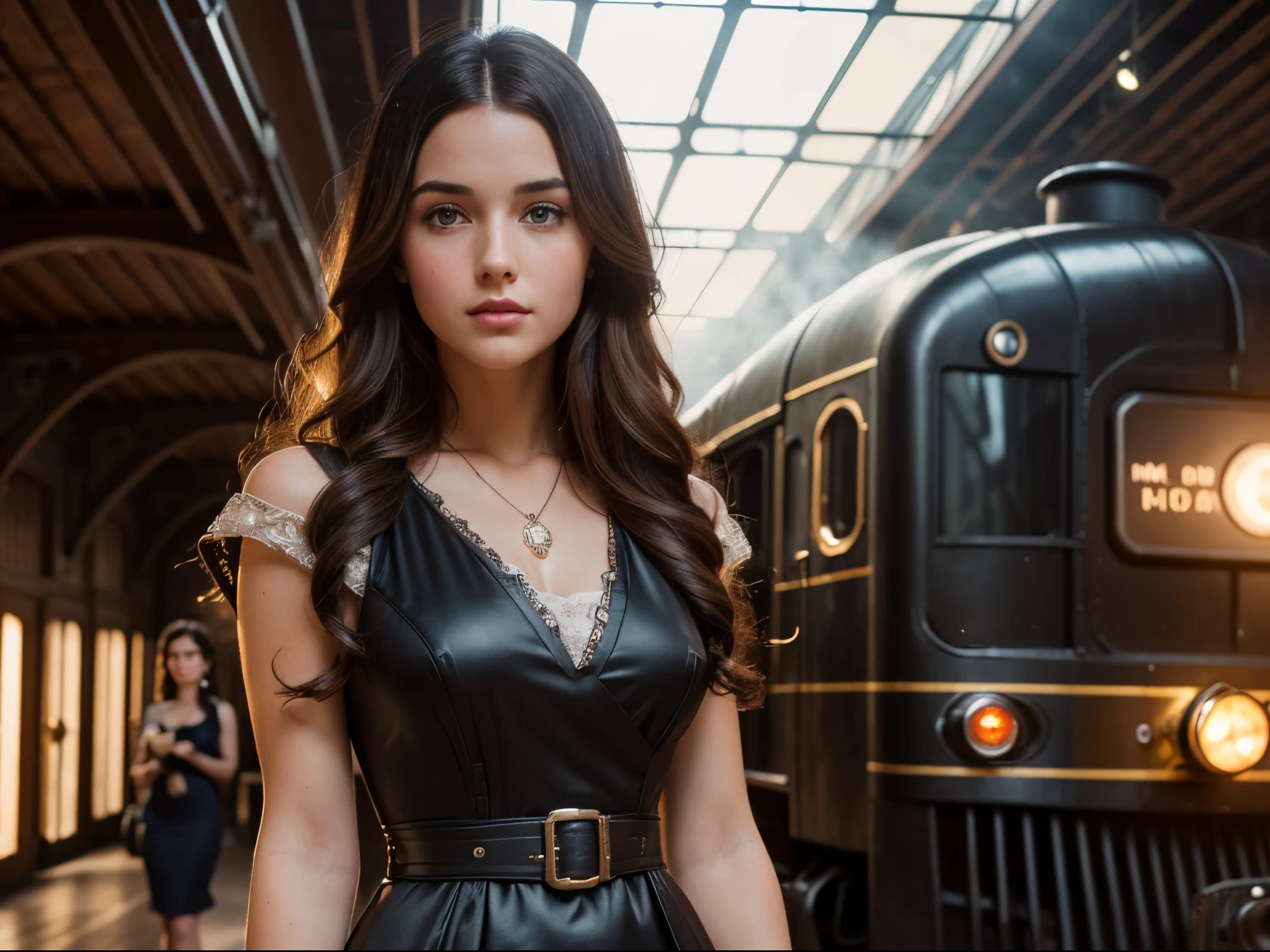 Full shot, a beautiful 28-year-old woman, standing in a 19th century train station, a huge black steam locomotive, locomotive puffing steam, she has long brown hair, brown eyes, innocent, a beautiful brunette woman ((her head tilted back)), dreamy expression, ((eyes open)), (((wearing an art deco dress))), award-winning glamorous photography,((best quality)), (((masterpiece)), ((realistic)), ethereal lighting, ultra-high res.photorealistic:.1.4, (high detailed skin:1.2), 8k uhd, dslr, high quality, film grain, Fujifilm XT3,(masterpiece) (best quality) (detailed) (cinematic lighting) (sharp focus) (intricate)