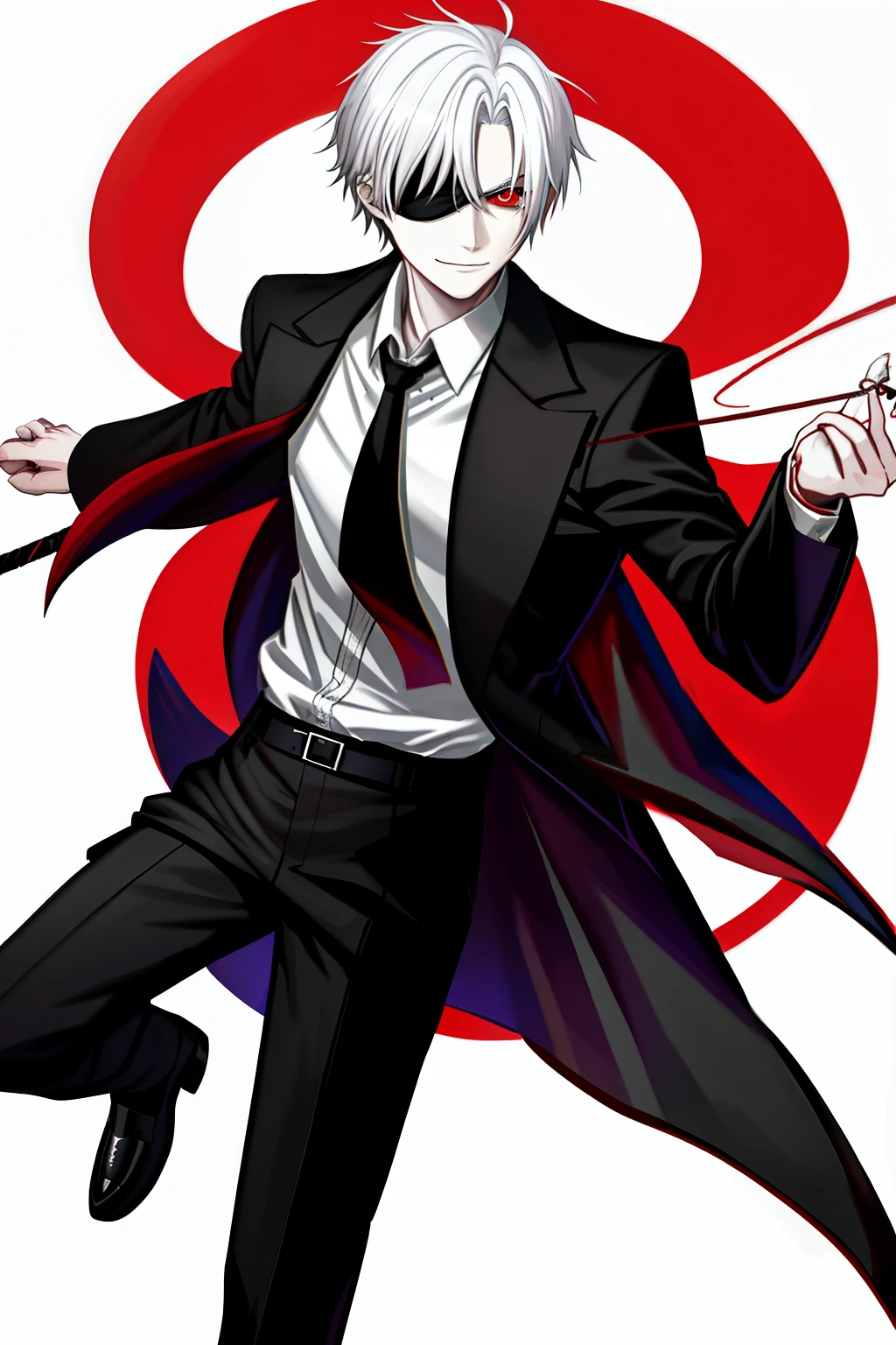 巨作, Rhythm quality, anime art style, Vampire Boy, (1guy), White hair, Closed smile, short hair hair, pale skin, ((Crimson lines ran through his skin like veins)), Crimson red eye, Vertical pupil, left side, Eye patch over, Black coat with crimson lining, And also a gray jacket, A white shirt underneath and a crow tied around his neck,  Black pants that have weapon holsters attached to them, In addition to black shoes that resemble an Italian gangster suit, Upper body