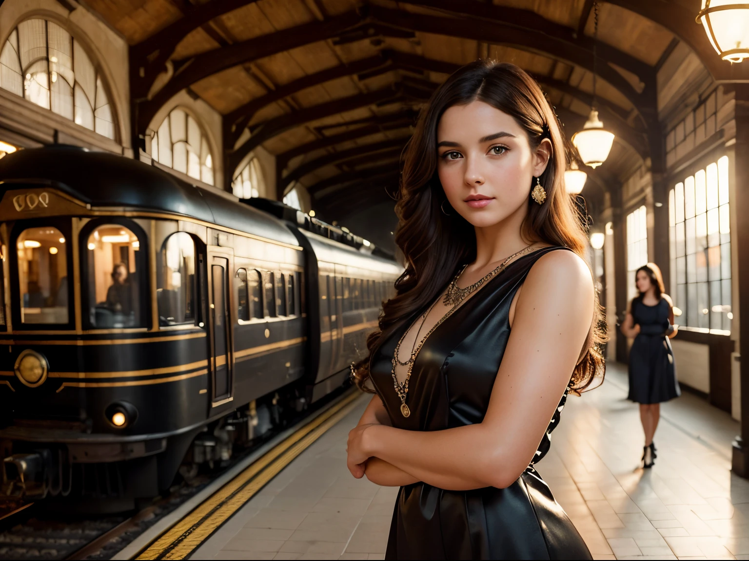 Full shot, a beautiful 28-year-old woman, standing in a 19th century train station, a huge black steam locomotive, locomotive puffing steam, she has long brown hair, brown eyes, innocent, a beautiful brunette woman ((her head tilted back)), dreamy expression, ((eyes open)), (((wearing an art deco dress))), award-winning glamorous photography,((best quality)), (((masterpiece)), ((realistic)), ethereal lighting, ultra-high res.photorealistic:.1.4, (high detailed skin:1.2), 8k uhd, dslr, high quality, film grain, Fujifilm XT3,(masterpiece) (best quality) (detailed) (cinematic lighting) (sharp focus) (intricate)