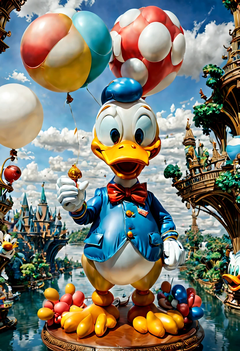 by Carl Barks, (balloon sculpture, Donald Duck:1.4), surrealistic, fantasy art, concept art, catoon, ultra-wide-angle, octane render, enhance, intricate, (best quality, masterpiece, Representative work, official art, Professional, unity 8k wallpaper:1.3)