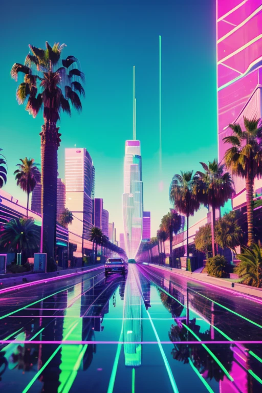 downtown los angeles, neon colors, retrowave, palm trees, summer season, pastel colors, high quality, uhd, 8k.