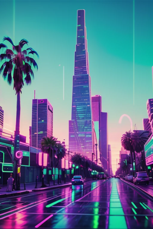 downtown los angeles, neon colors, retrowave, palm trees, summer season, pastel colors, high quality, uhd, 8k.