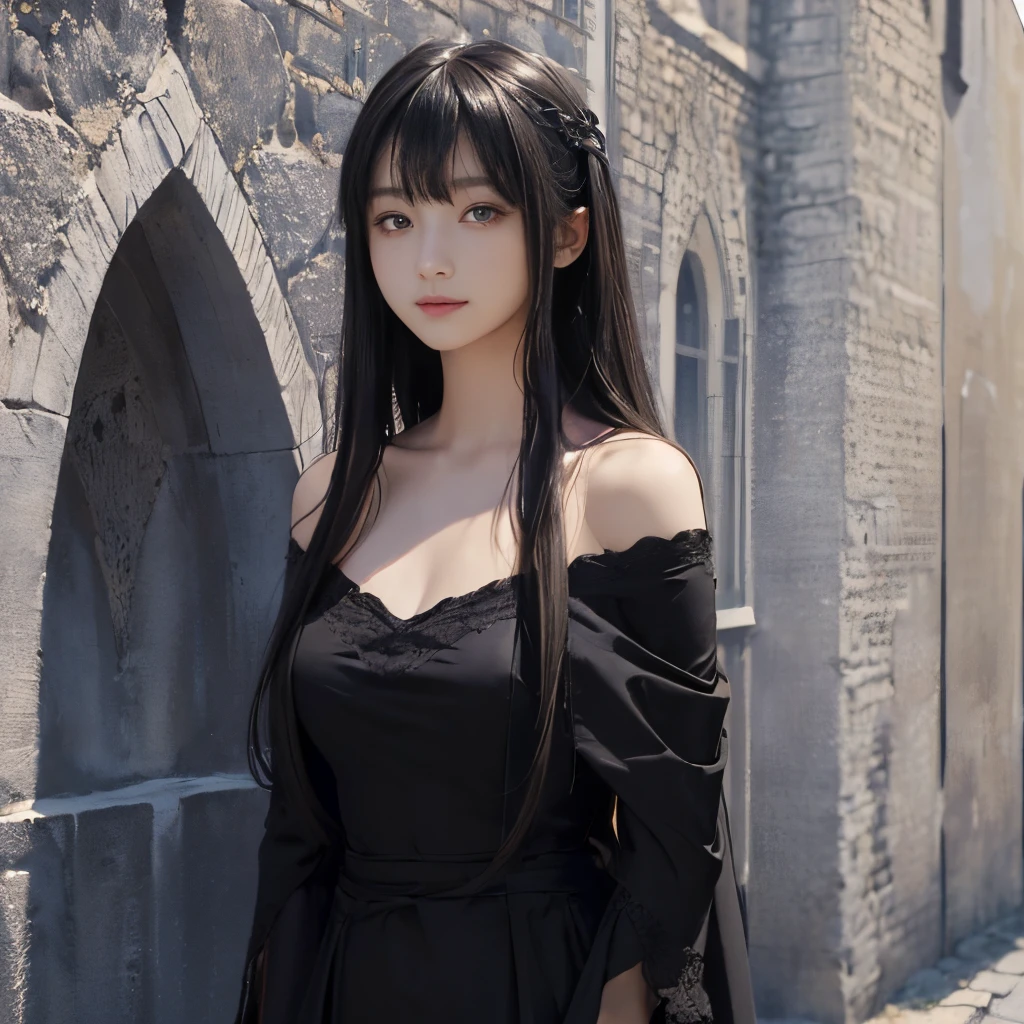 A woman in a black dress standing in front of a stone wall - SeaArt AI
