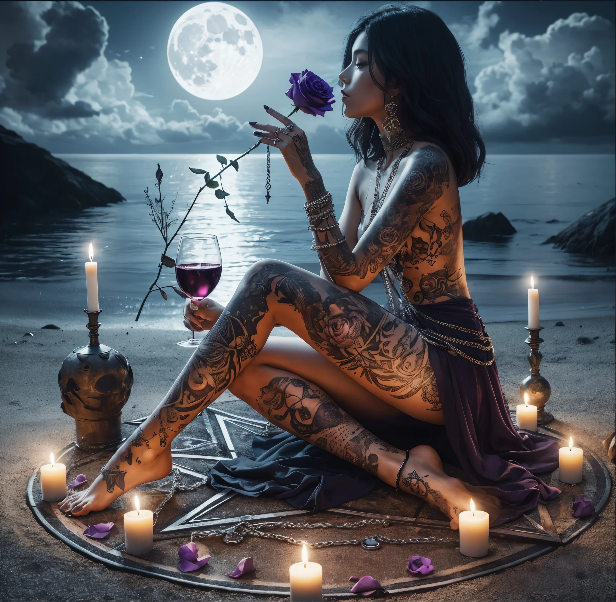 A woman is sitting on a five-pointed star, an anklet on her leg, her body has tattoos, and she is surrounded by a chain and candles on the circle under the light of the moon and the sea behind her, holding a purple rose in her mouth, holding a glass of wine in her hand.